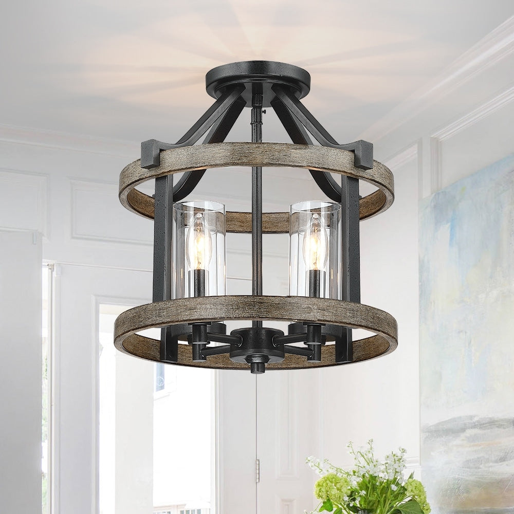 12.5 in. 4-Light Natural Iron and Distressed Faux Wood Modern Farmhouse Semi-Flush Mount Ceiling Light - 12.5W