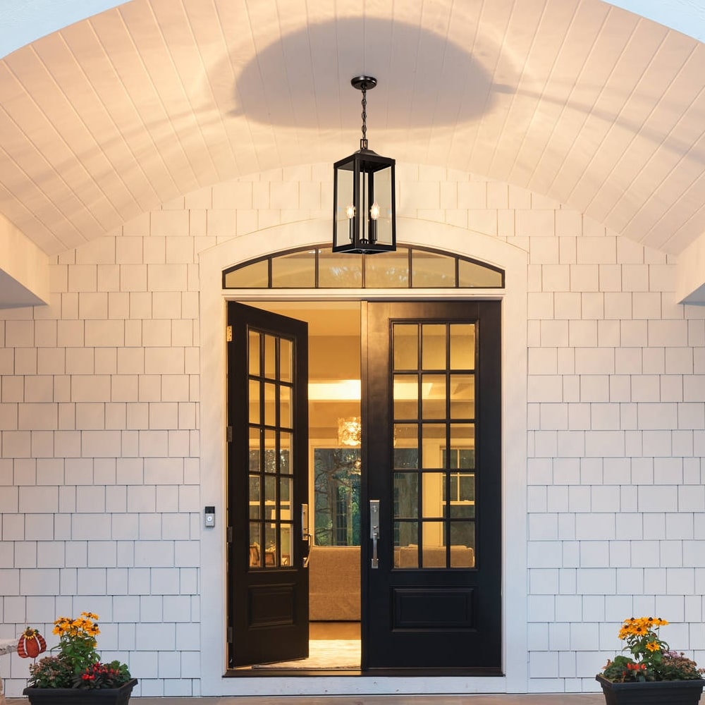 2-Light Black Large Transitional Outdoor Hanging Pendant Light with Clear Glass - 20 in. H