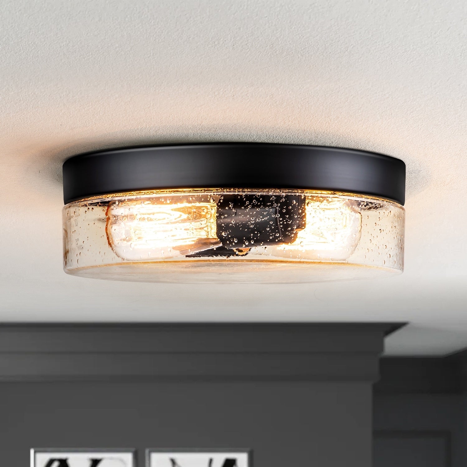 2-Light Modern Farmhouse Dome Clear Seeded/Bubble Glass Flush Mount Light