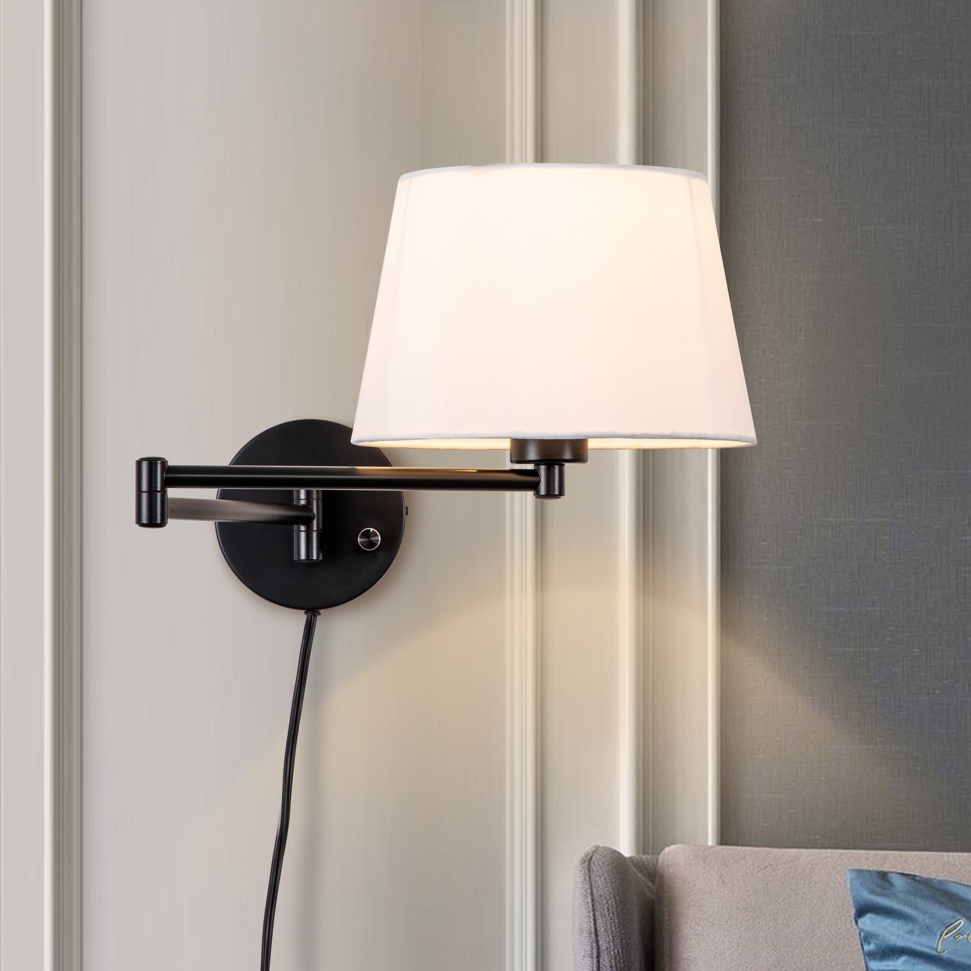2-Pack Black Swing Arm Wall Light Plug-In with Linen Shade