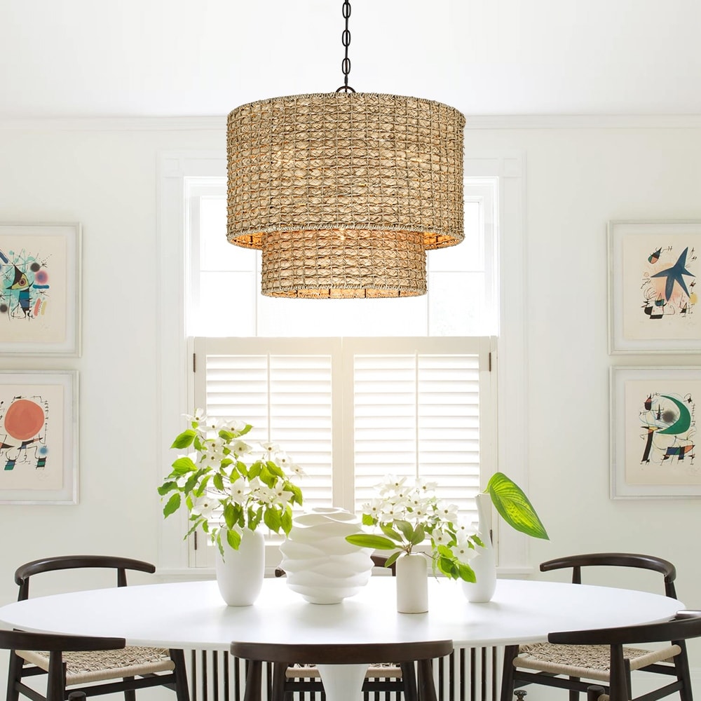 4-Light Natural Rattan Traditional Drum Pendant Light Black Canopy - Black/earthy - 20 in. W