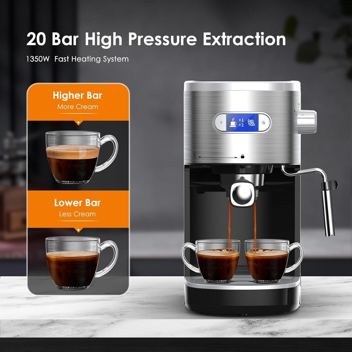 20 Bar Espresso Maker with Milk Frother Steam Wand, Cappuccino and Latte Machine for Household, Coffee Lovers Gift
