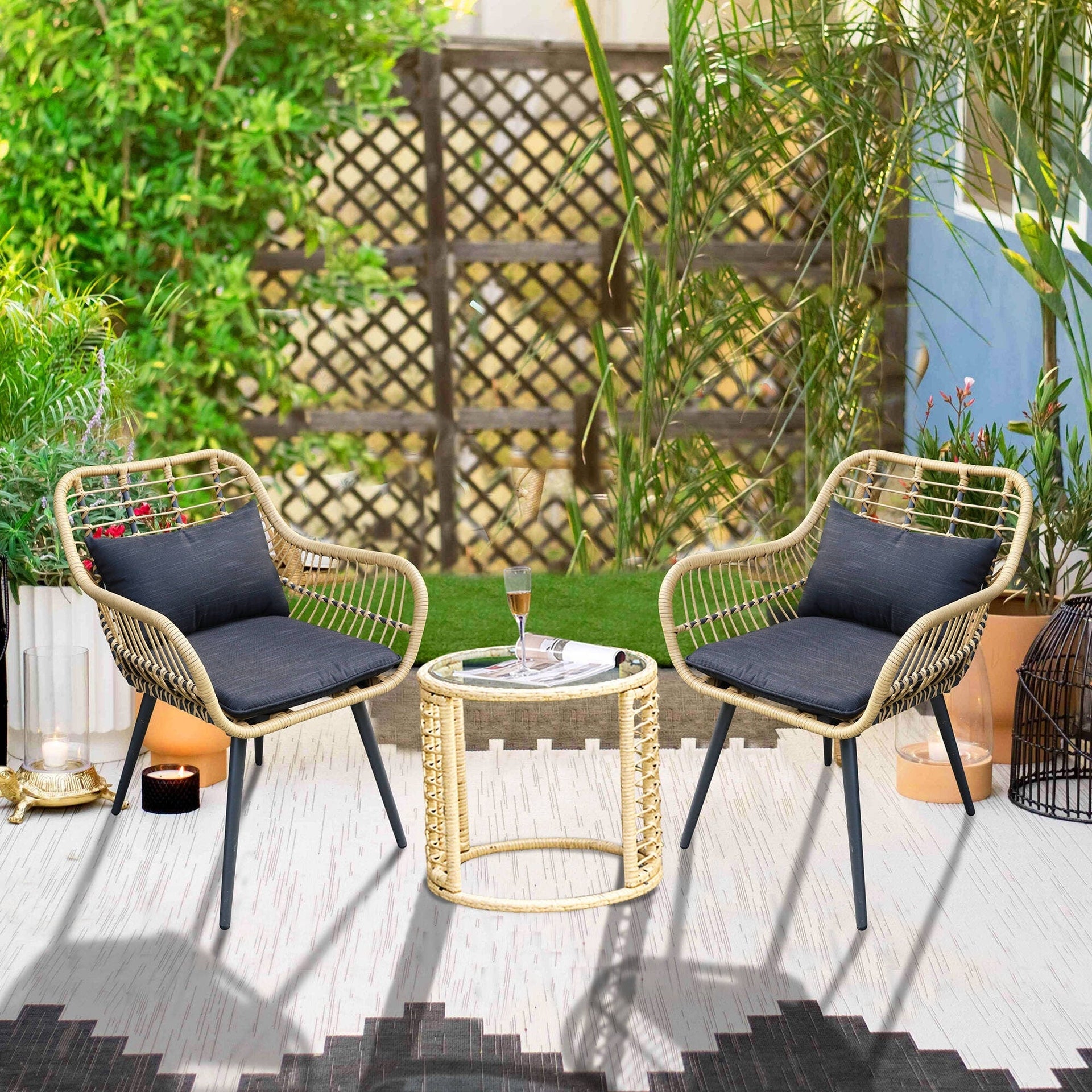 3-Piece Cushioned Bistro Set Patio Wicker Chair and Side Table