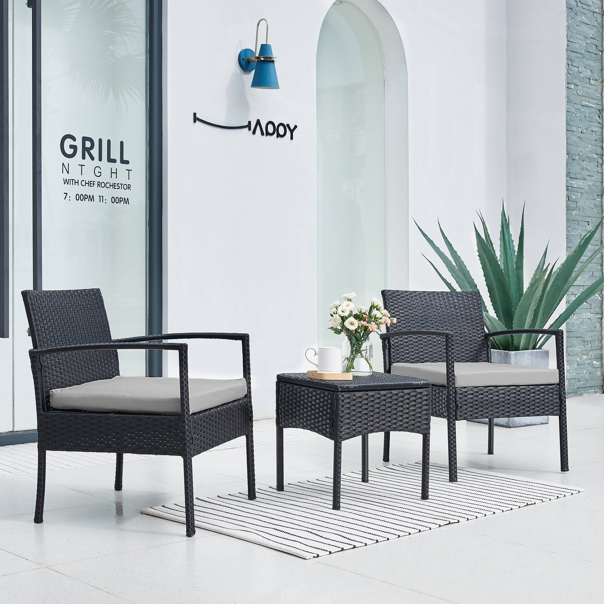 Outdoor Furniture 3 Piece Patio Bistro Furniture Set, Rattan Conversation Chairs Set with Side Table and Cushions
