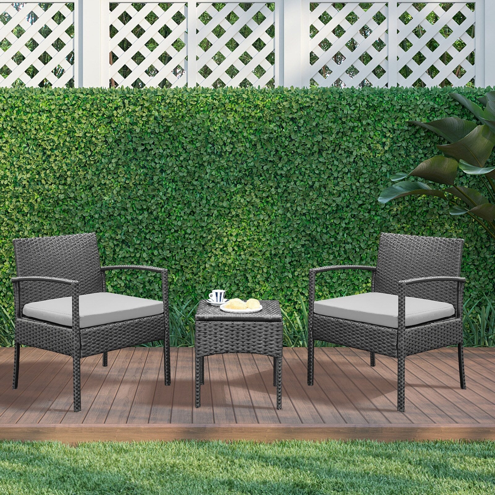 Outdoor Furniture 3 Piece Patio Bistro Furniture Set, Rattan Conversation Chairs Set with Side Table and Cushions