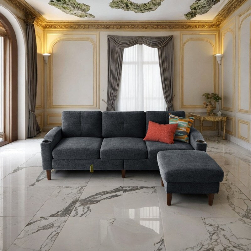 3-Seat Combo L-Shaped Sofa with Storage Cabinet Footstool For Living Room, Dark Grey