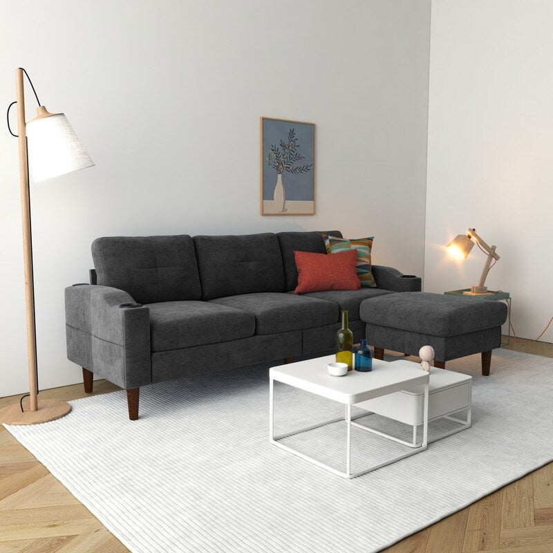 3-Seat Combo L-Shaped Sofa with Storage Cabinet Footstool For Living Room, Dark Grey
