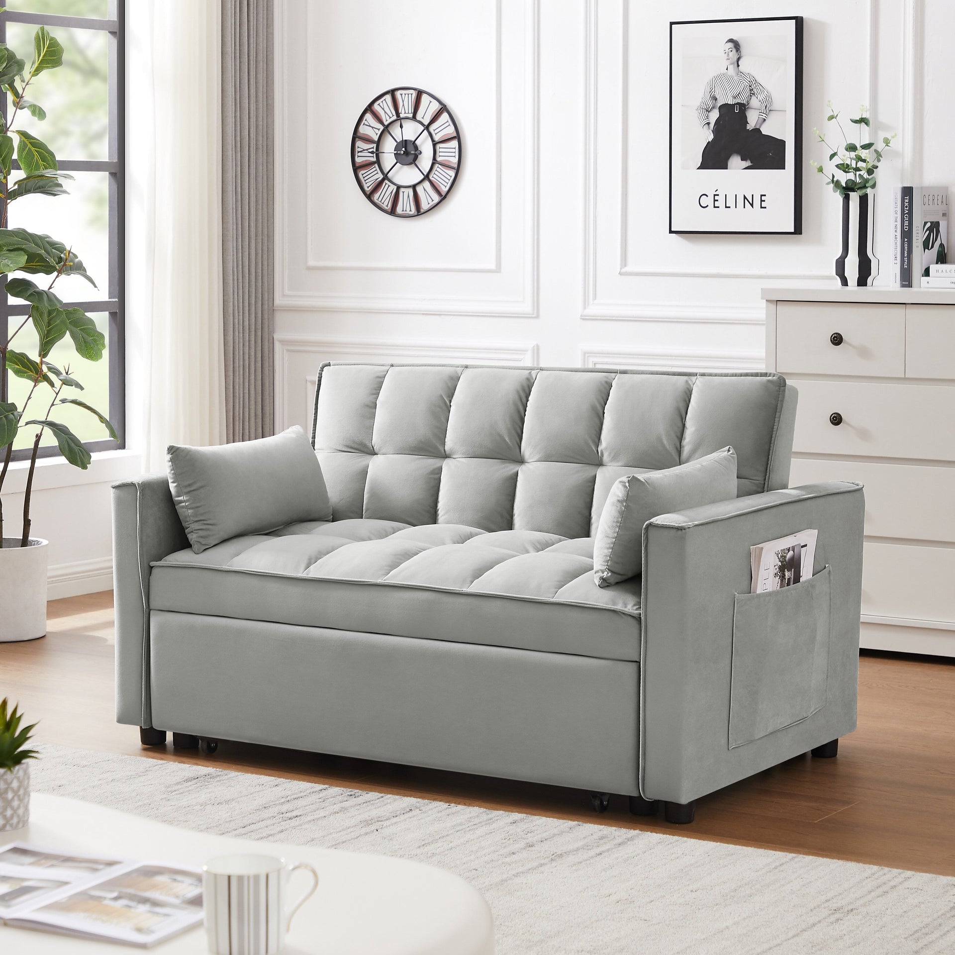 3-in-1 Modern Velvet Loveseat Futon Sleeper Sofa with Pillows Pockets Gray
