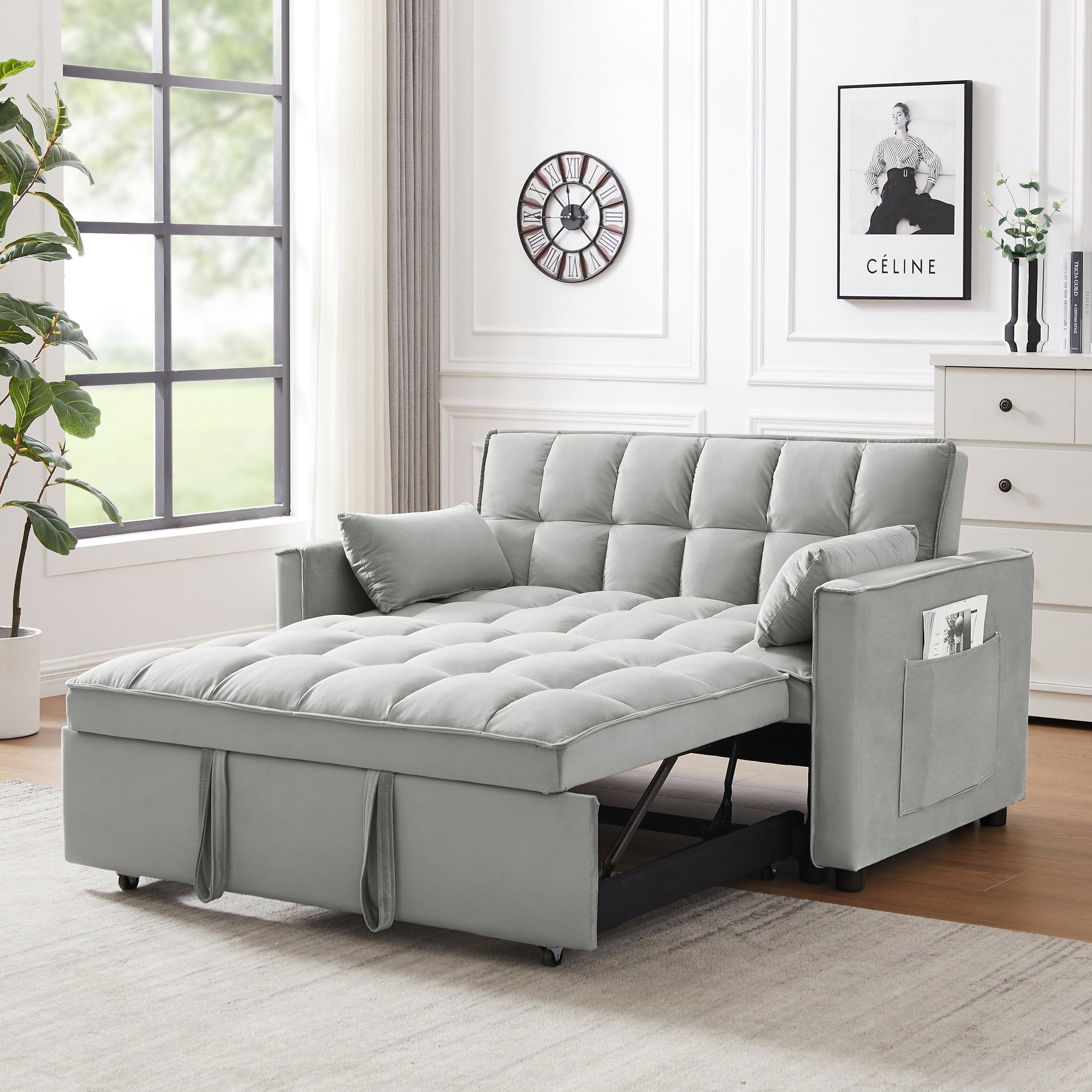 3-in-1 Modern Velvet Loveseat Futon Sleeper Sofa with Pillows Pockets Gray