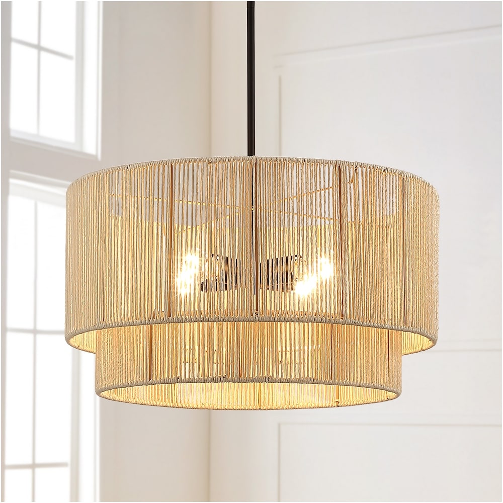 4-Light Rattan Tiered Drum Chandelier Light with Black Canopy - 22'' W