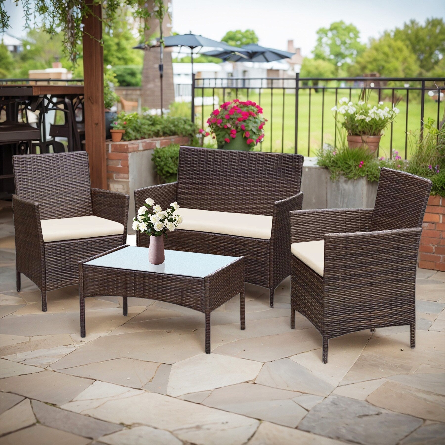 4 Piece Outdoor Patio Furniture Set With Cushions, Patio Wicker Conversation Set & Glass Coffee Table