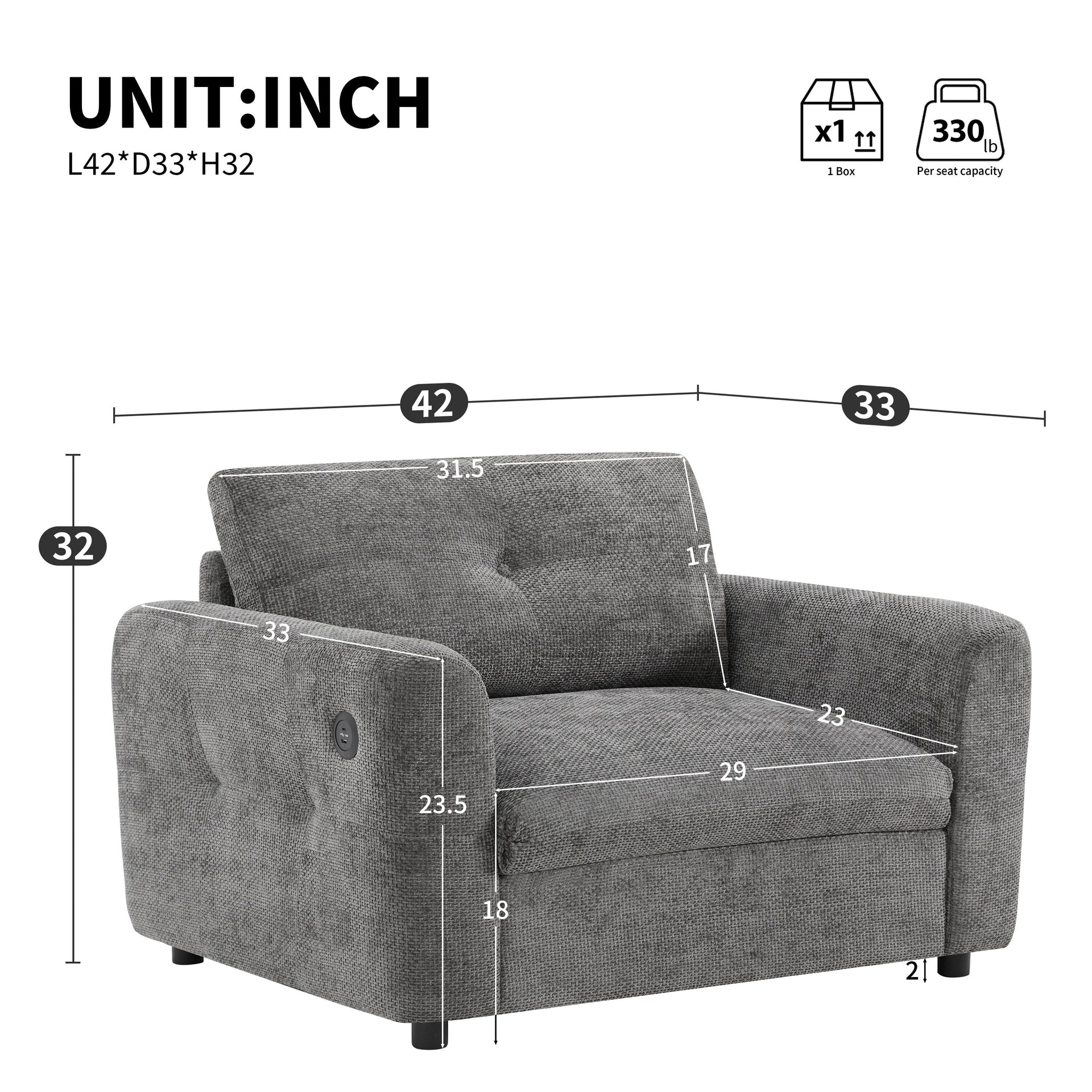 42*33 Single Sofa, Armchair with Wide Seat, Dual-port Charger, Pull-line & Tufted Design, High-density Foam