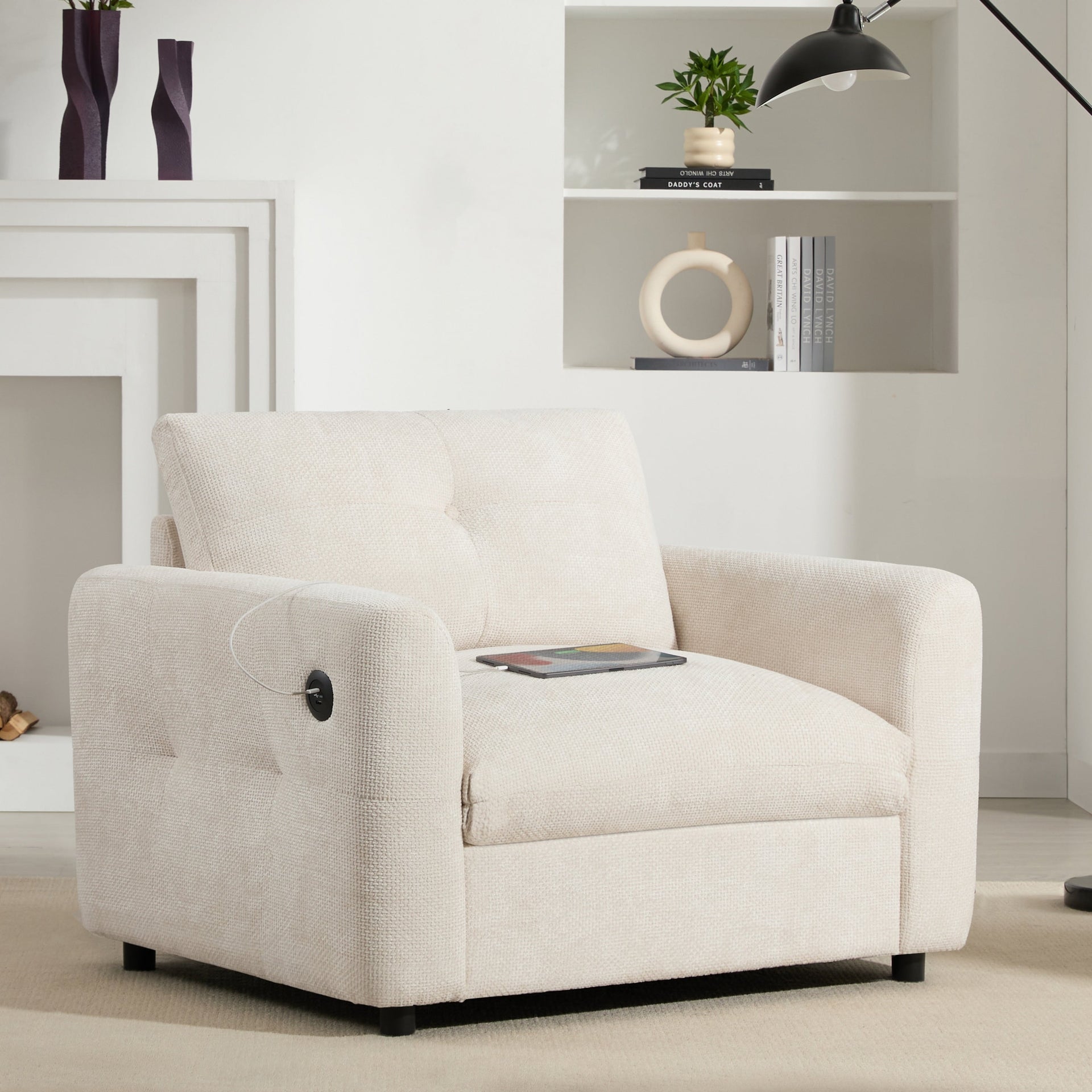 42â?Wide Seat Armchair with Dual-Port Charger and Tufted Pull-Line Design by Harper&Bright Designs
