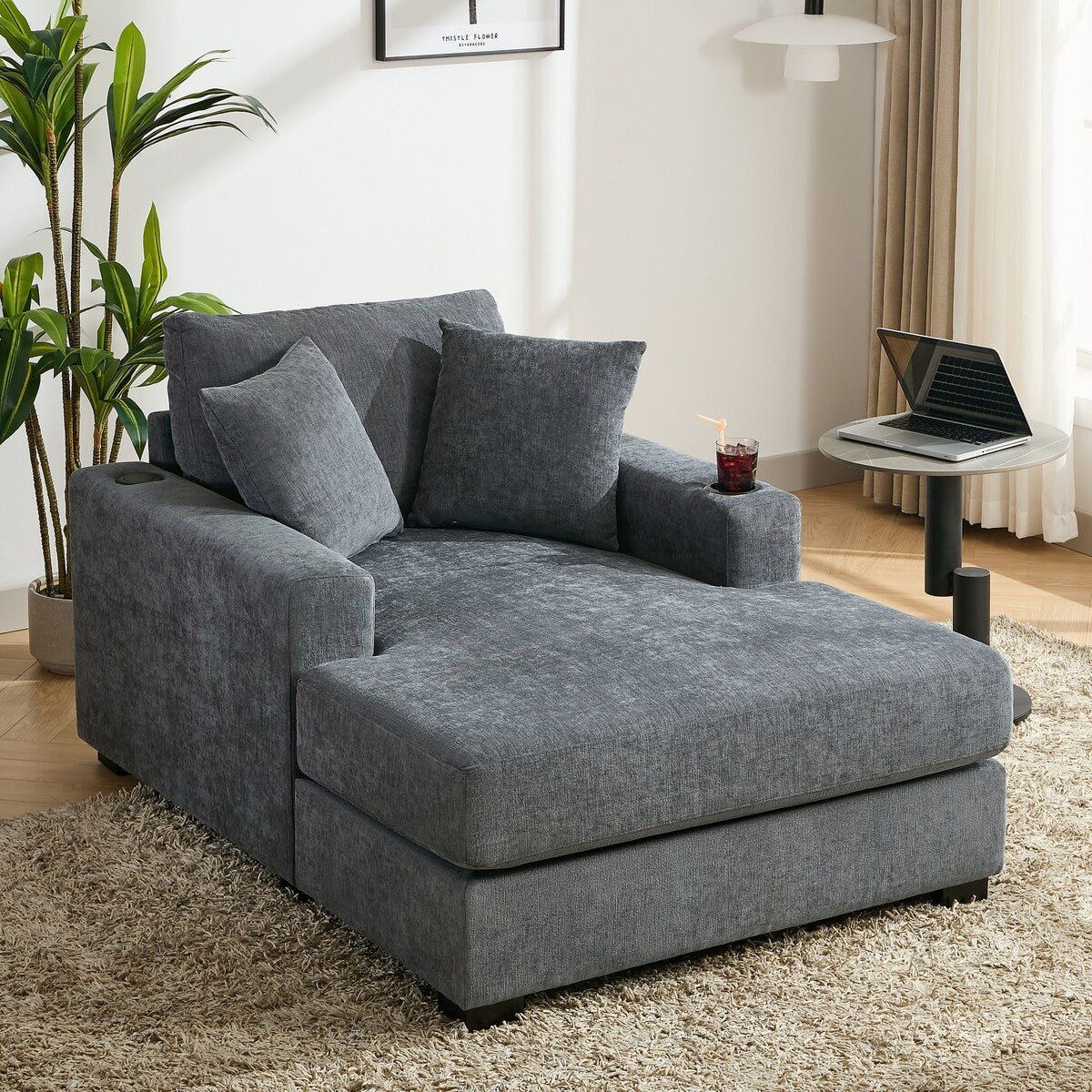 43.5Oversized Chaise Lounger Modern Style Sofa Couch,with Pillows,Charge Station & Cup Holders,Chenille Fabric
