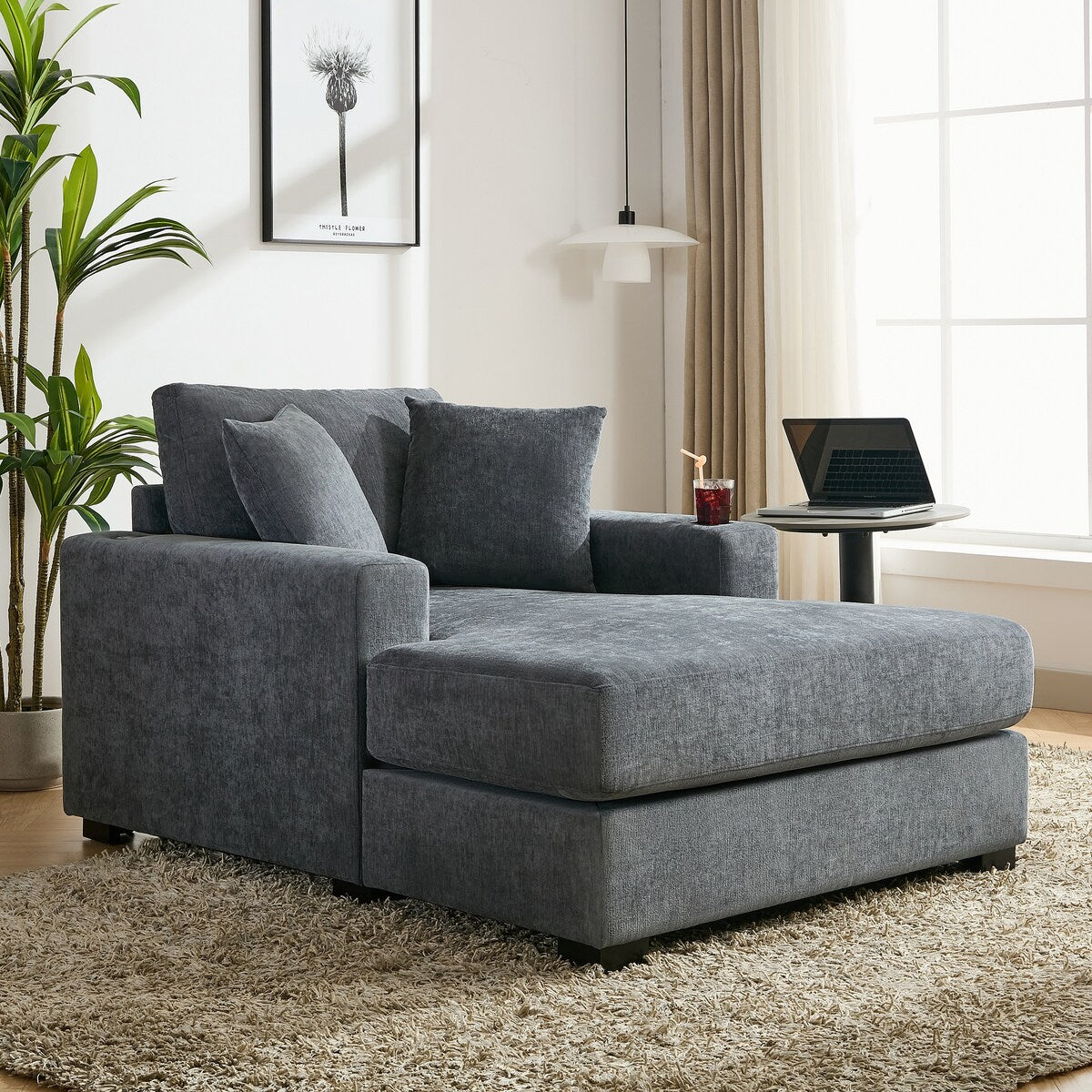 43.5Oversized Chaise Lounger Modern Style Sofa Couch,with Pillows,Charge Station & Cup Holders,Chenille Fabric
