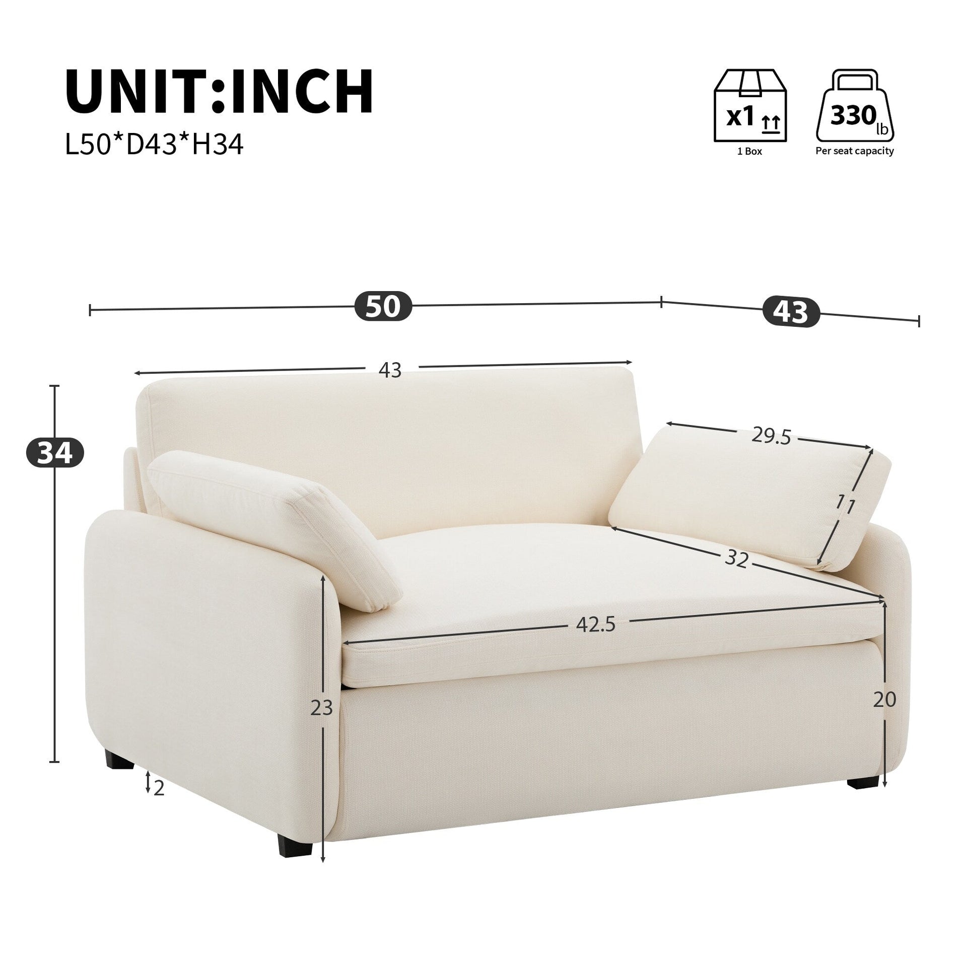 50*43 Oversized Chenille Single Sofa Chair,Wide and Deep Seat Accent Chair,Modern Upholstered Comfy Armchair