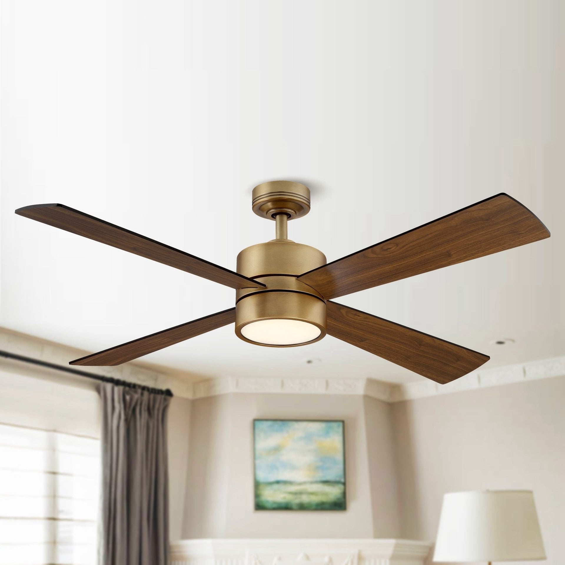 52 Antique Brass Wood 4-Blade Indoor Ceiling Fan with Light and Remote