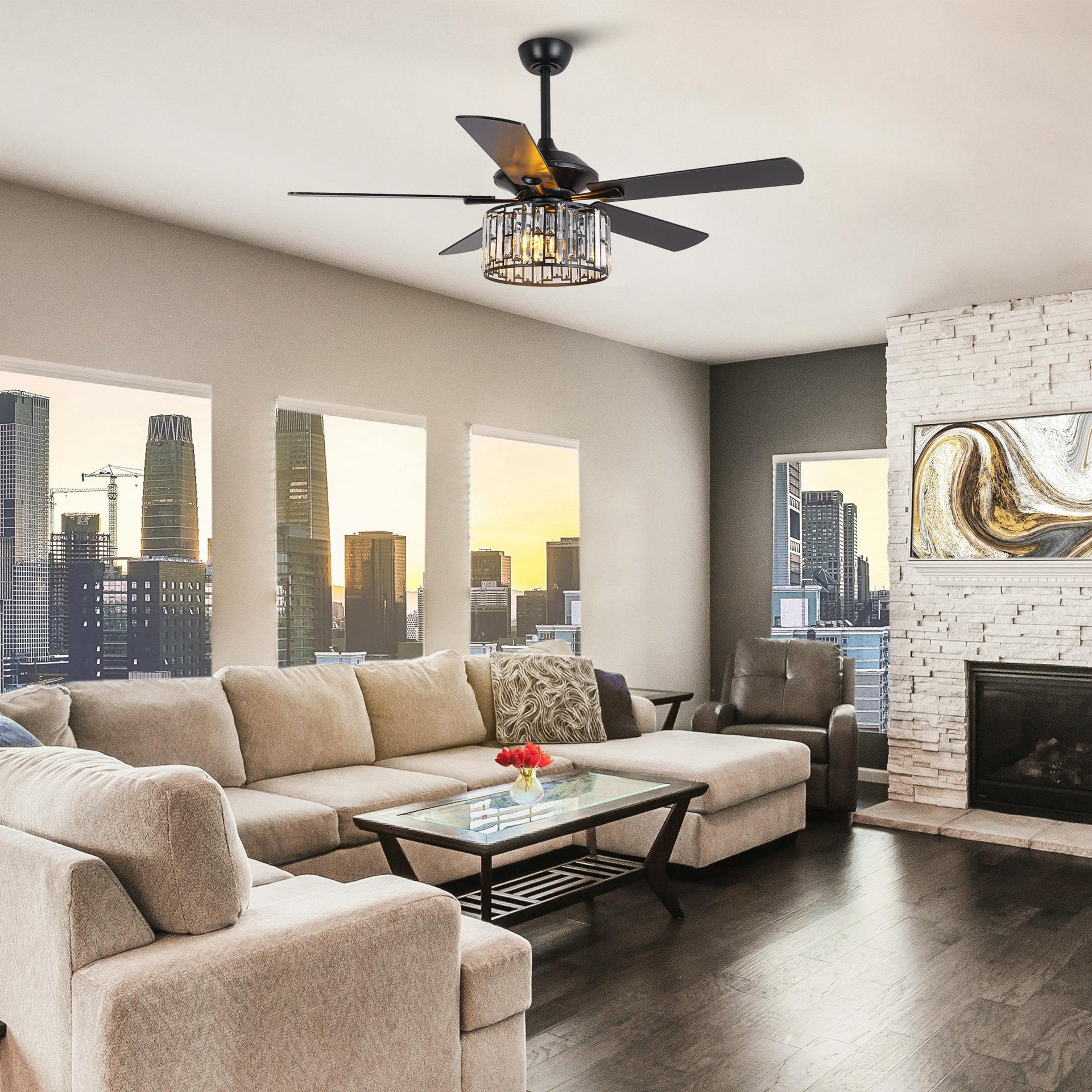 52 Black Wood Modern Crystal Indoor Ceiling Fan Chandelier with Remote