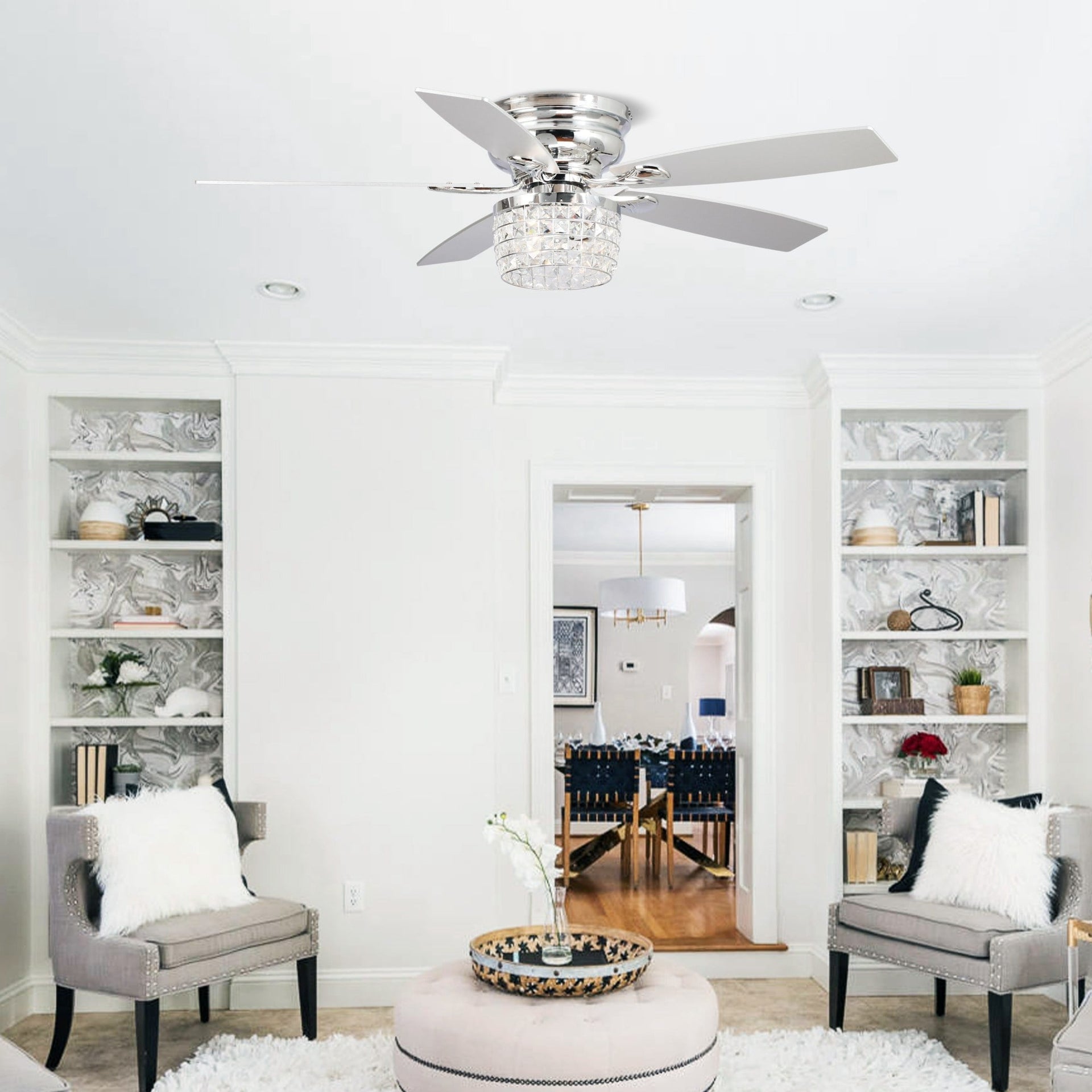 52 Chrome Crystal Flush Mount Ceiling Fan with Light Kit and Remote
