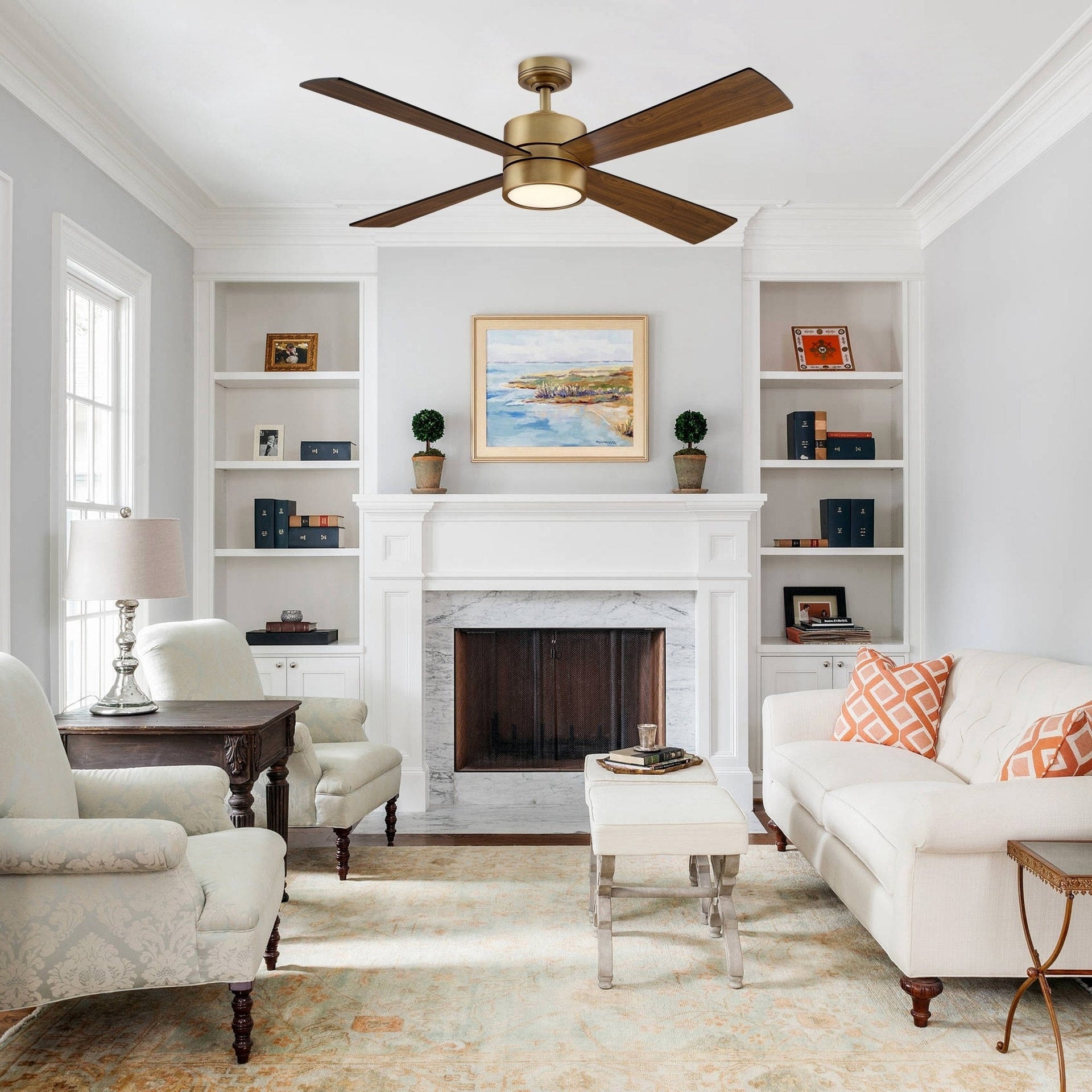 52 Antique Brass Wood 4-Blade Indoor Ceiling Fan with Light and Remote