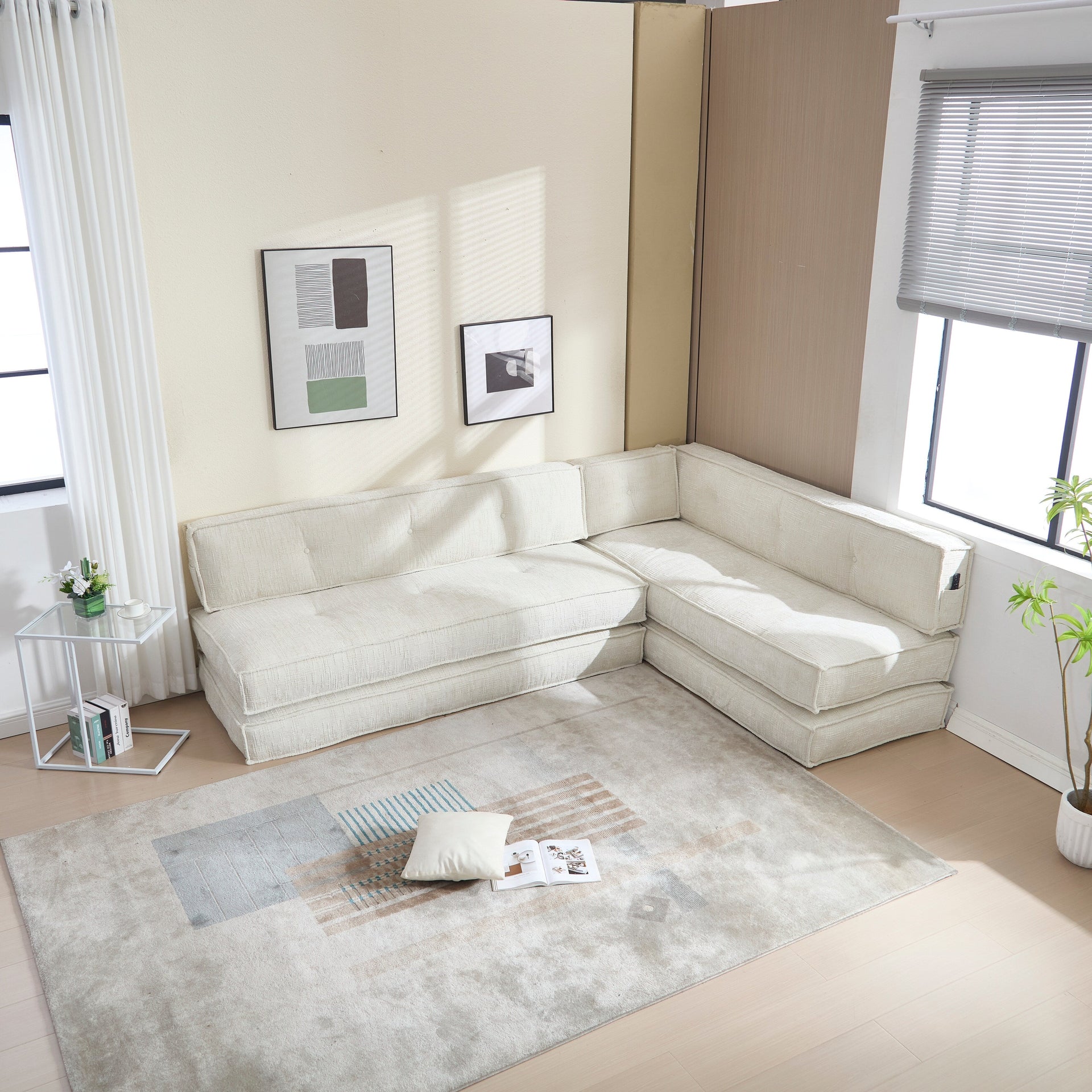 55-inch Blue Velvet Sofa with Pockets 3-in-1 Convertible