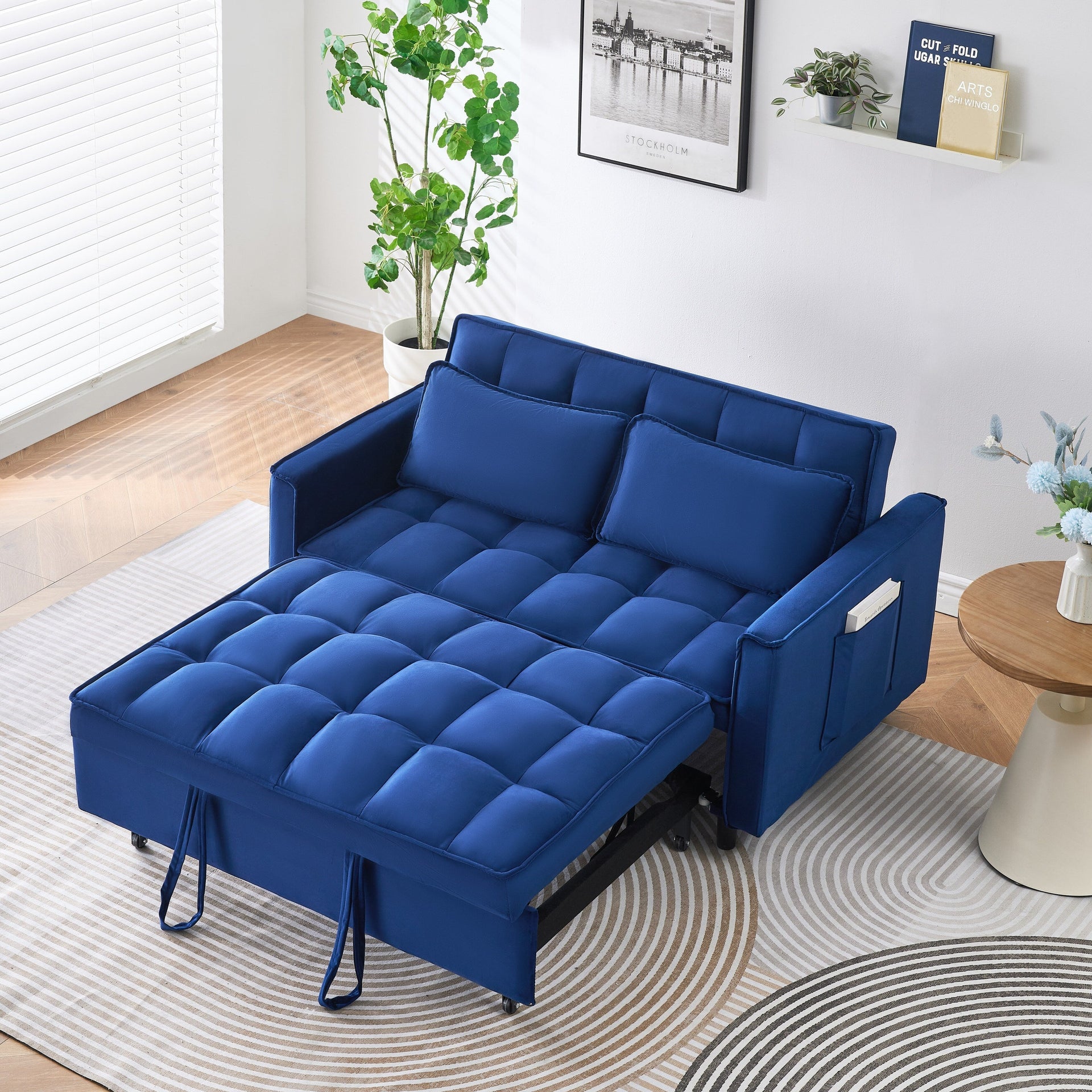 55-inch Blue Velvet Sofa with Pockets 3-in-1 Convertible