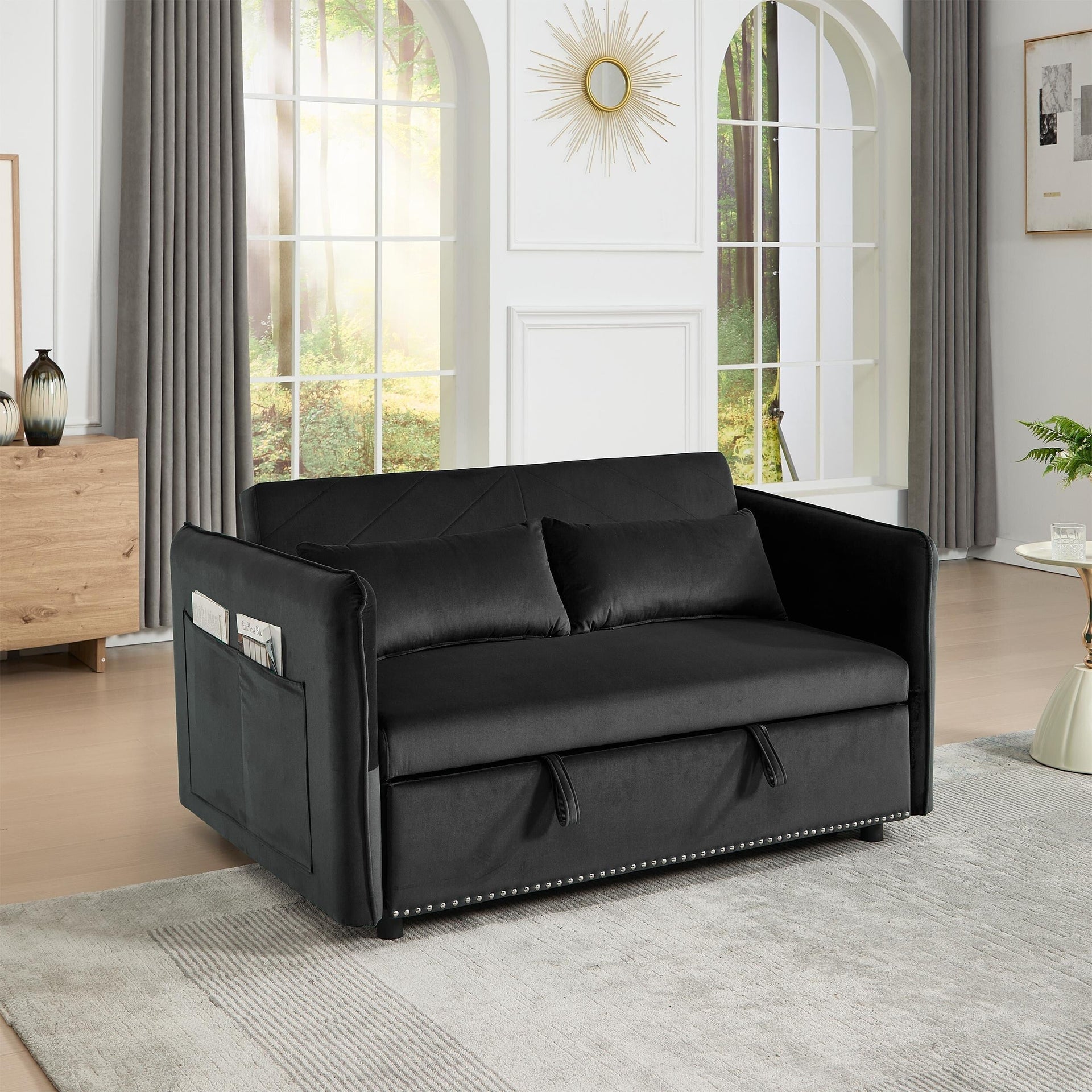 55 3-in-1 Velvet Sleeper Futon Loveseat with 2 Pillows Recline Pockets