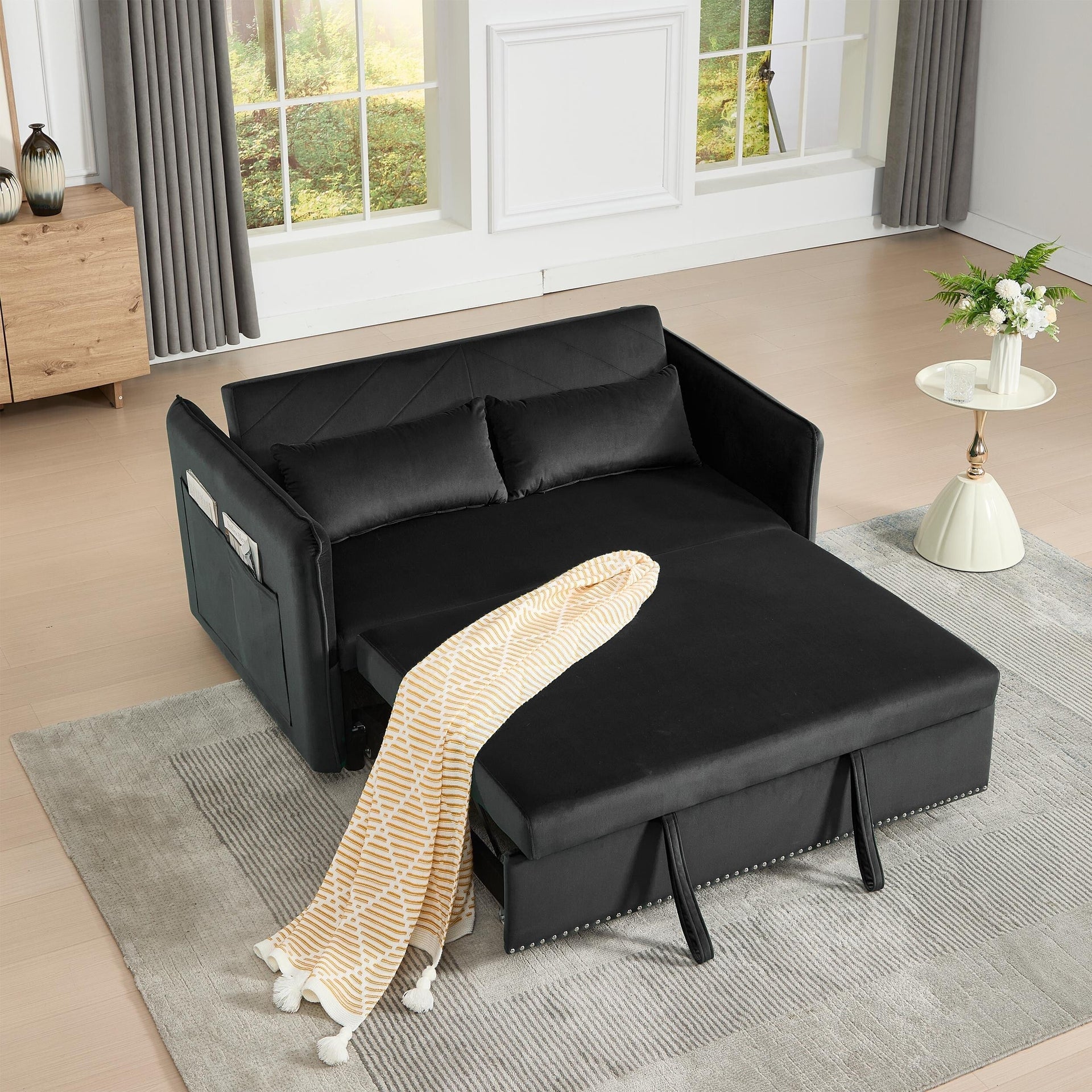 55 3-in-1 Velvet Sleeper Futon Loveseat with 2 Pillows Recline Pockets