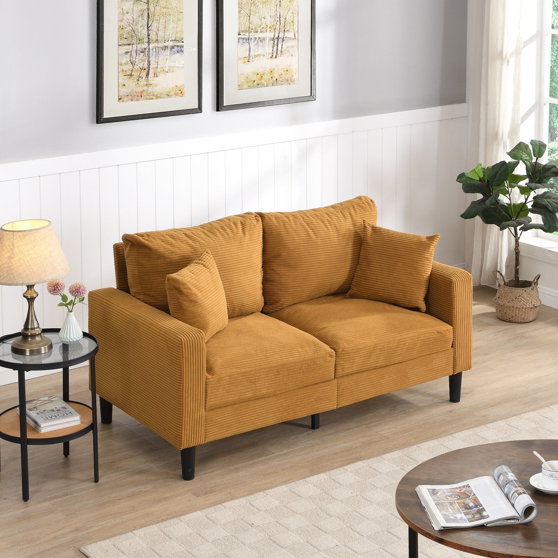 57 inch High Resilience Loveseat Wooden Frame 2 Seat Comfy Small Space Modern Upholstered Orange