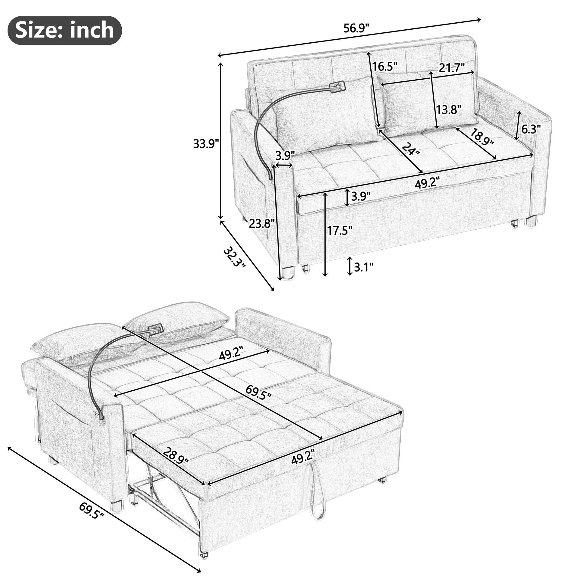57 Convertible Sleeper Loveseat - Space-Saving Sofa Bed with USB Charging Hub, Reversible Backrest & Smart Storage Solutions