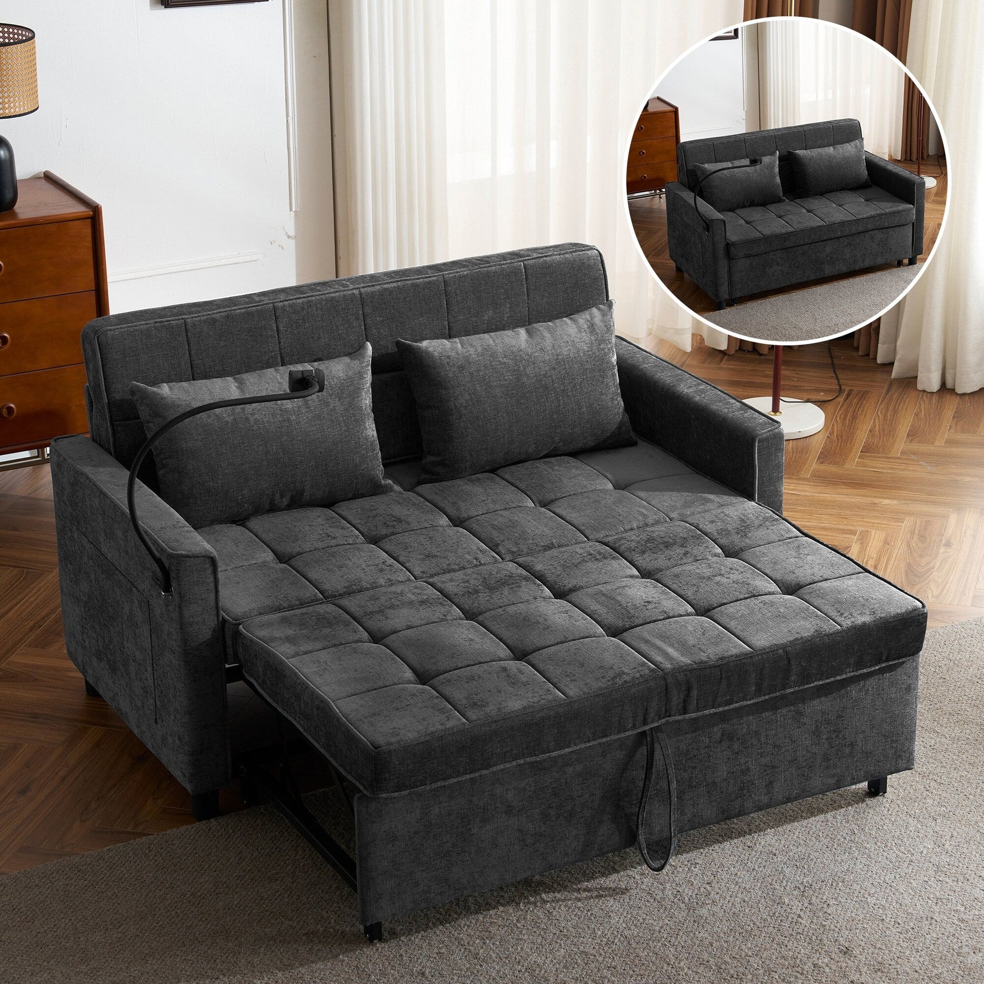 57 Convertible Sleeper Loveseat - Space-Saving Sofa Bed with USB Charging Hub, Reversible Backrest & Smart Storage Solutions