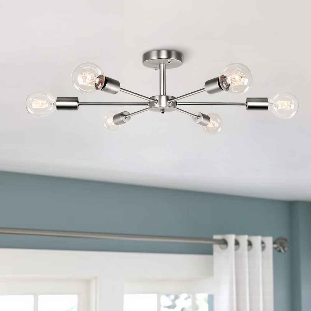 6-Light Modern Industrial Dimmable Sputnik Linear Cluster Semi-Flush Mount Light