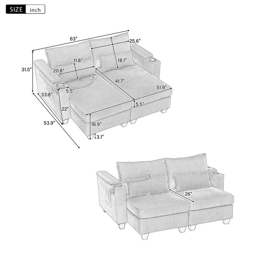 63 Corduroy Convertible Loveseat Sofa Bed with USB Ports, Two Cup Holders, A Phone Holder for Living Room