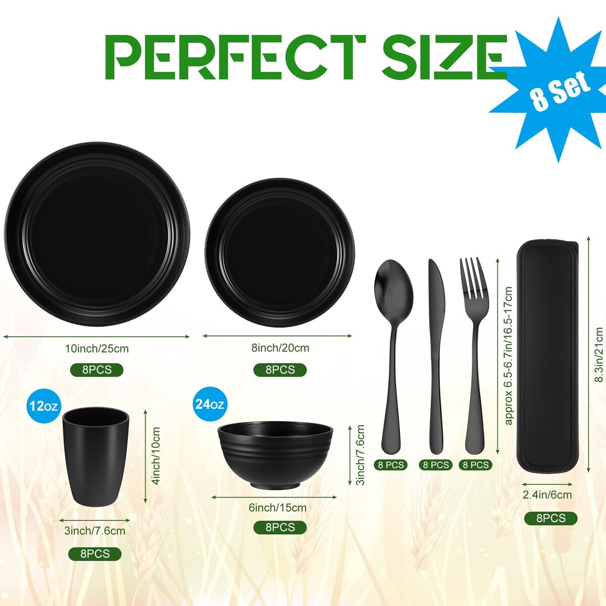 64 Pcs Wheat Straw Dinnerware Sets Flatware Unbreakable Plates & Bowls Sets Tableware Set Kitchen Microwave Dishwasher Safe Bowl