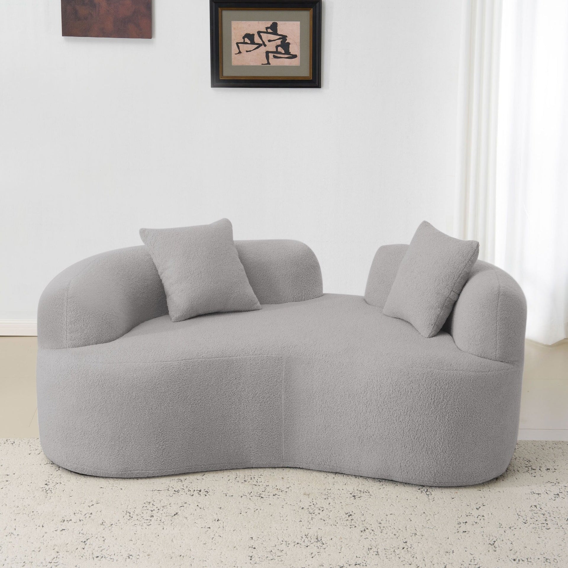 66.93 Inch Curved Loveseat Grey Full Compression Sponge Sofa, Teddy Velvet Fabric, No-Assembly Compact Sofa