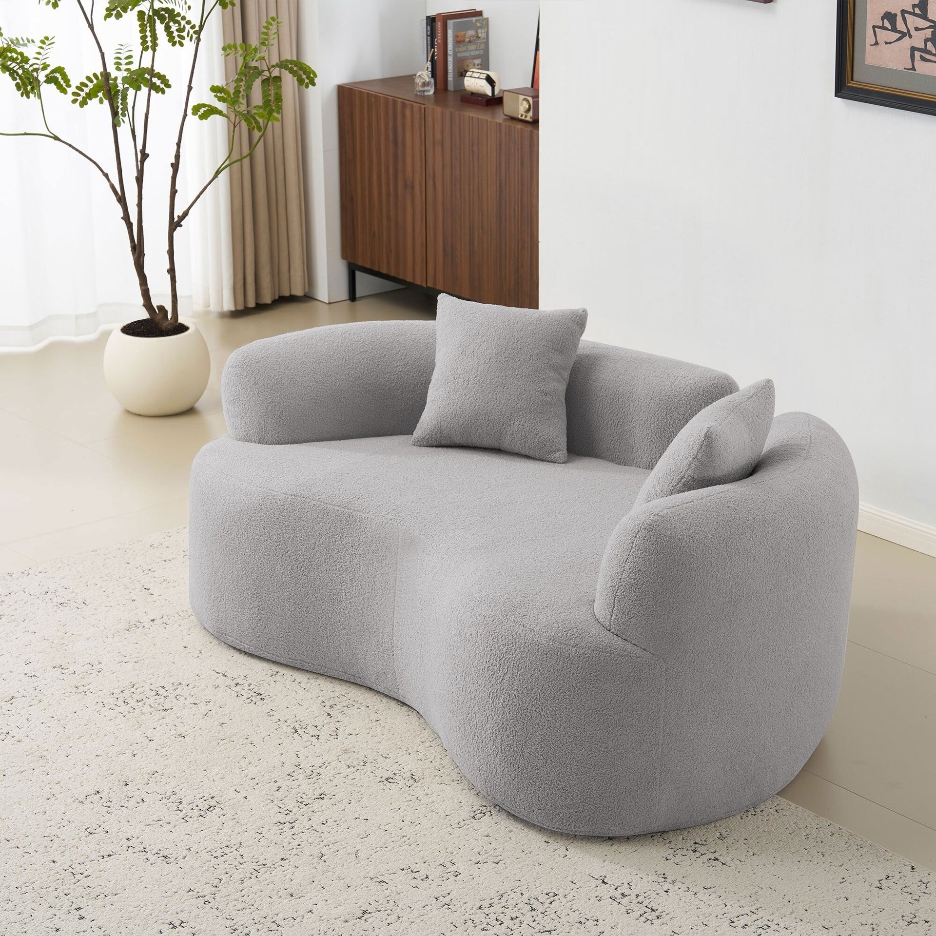 66.93 Inch Curved Loveseat Grey Full Compression Sponge Sofa, Teddy Velvet Fabric, No-Assembly Compact Sofa