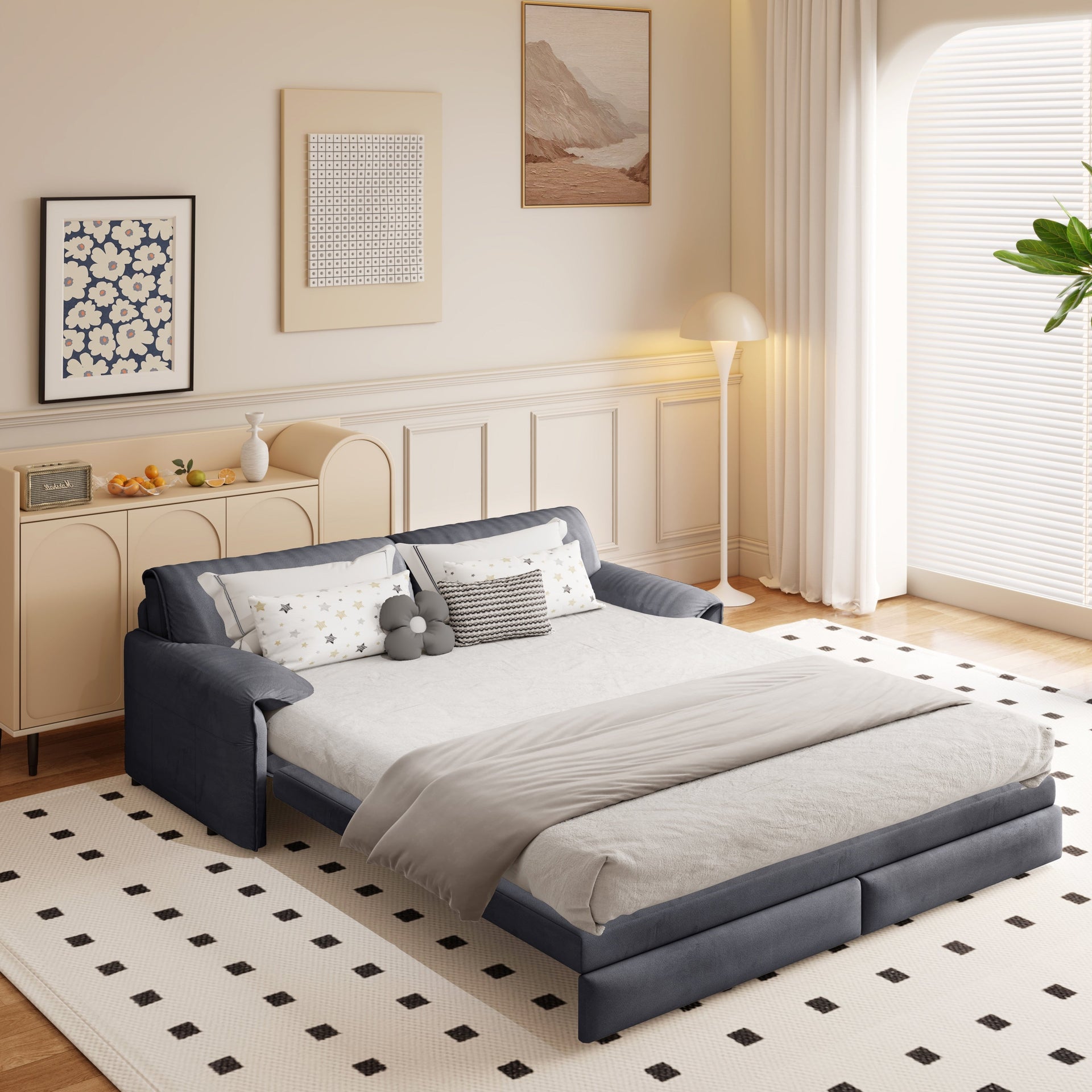 66 Queen Pull Out Sofa Bed, 3-in-1 Convertible Sleeper Sofa with Side Storage,Multi-Functional Velvet Loveseat Bed
