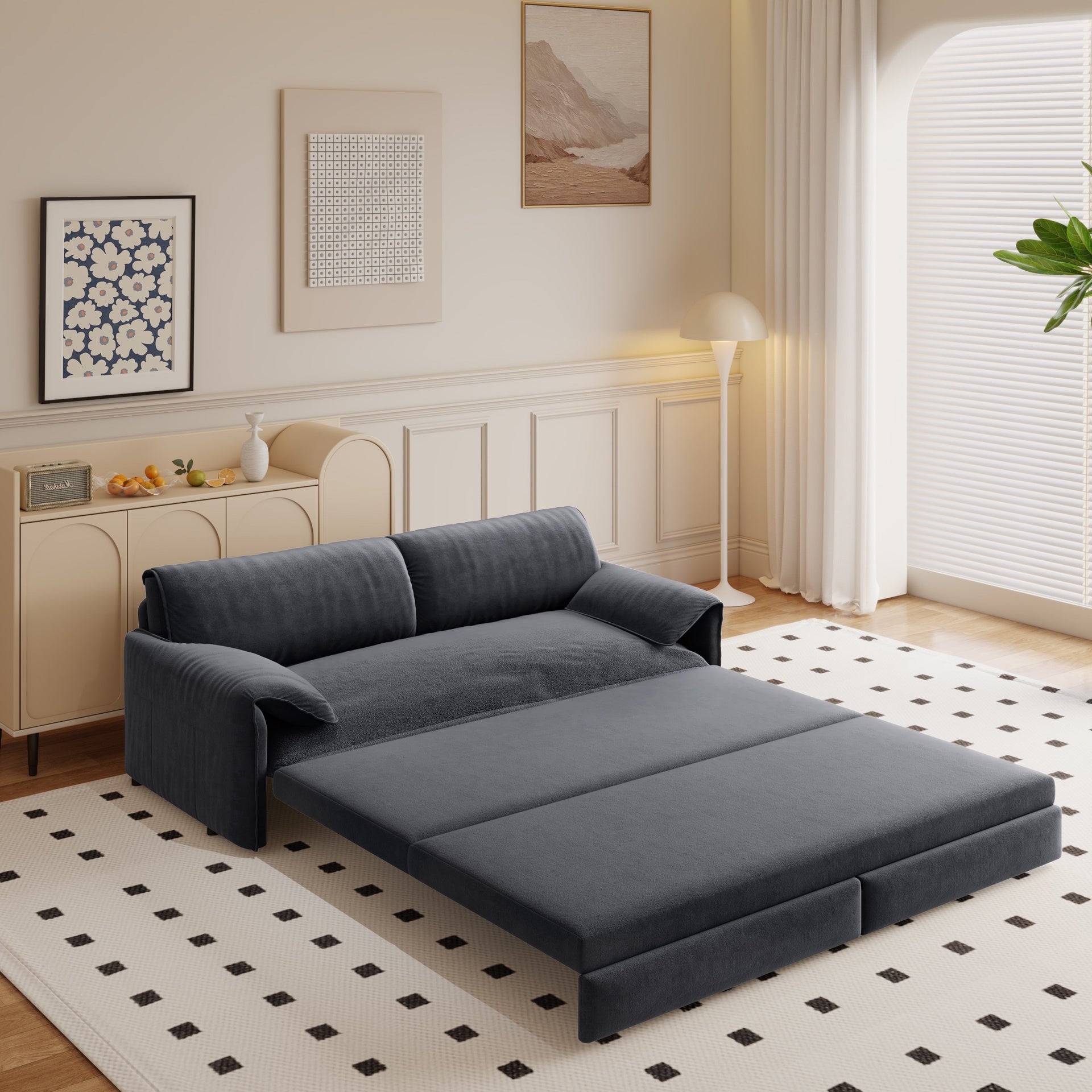 66 Queen Pull Out Sofa Bed, 3-in-1 Convertible Sleeper Sofa with Side Storage,Multi-Functional Velvet Loveseat Bed