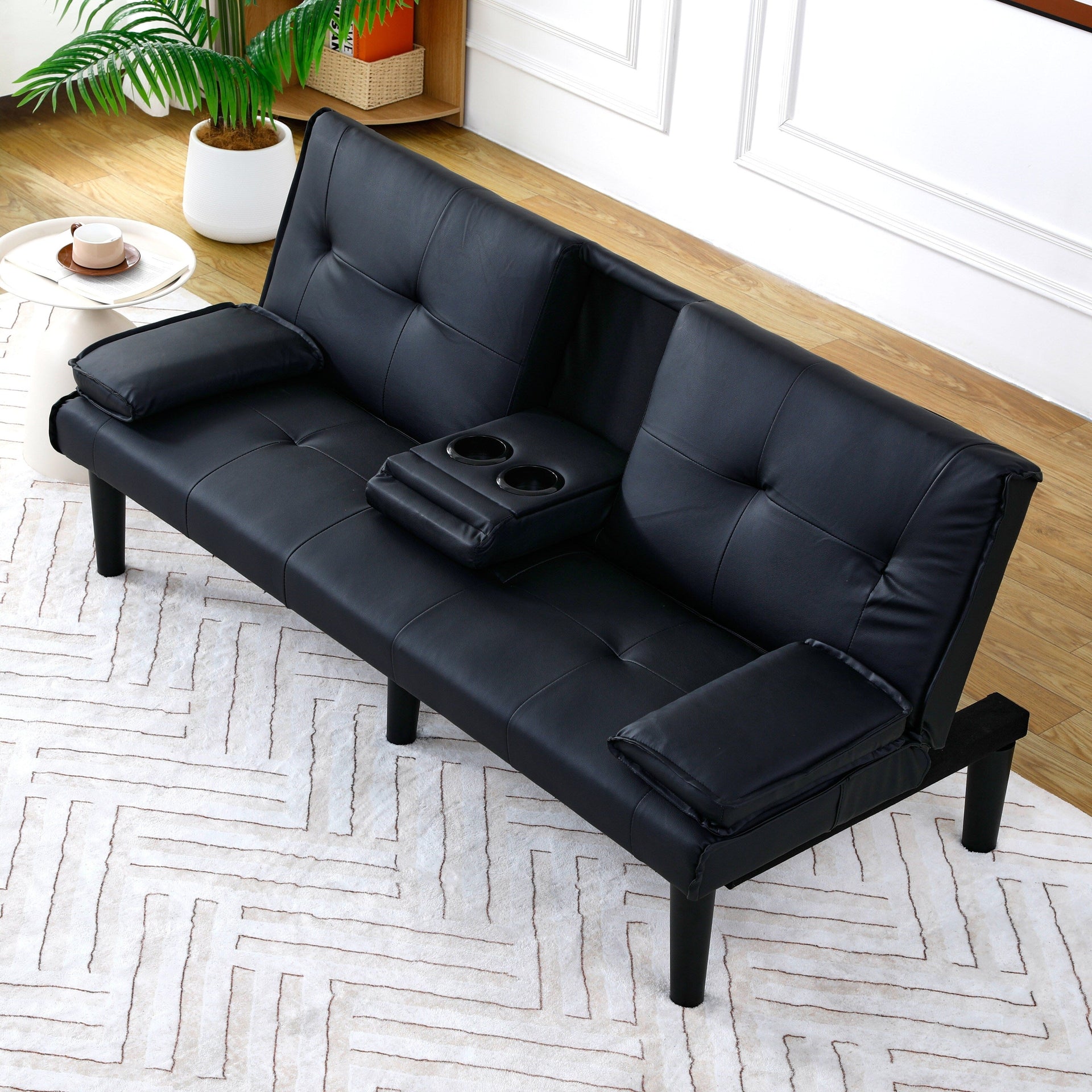 67 Inch Black PVC Foldable Sofa Bed with Cup Holder for Living Room Guest Room Dorm Office