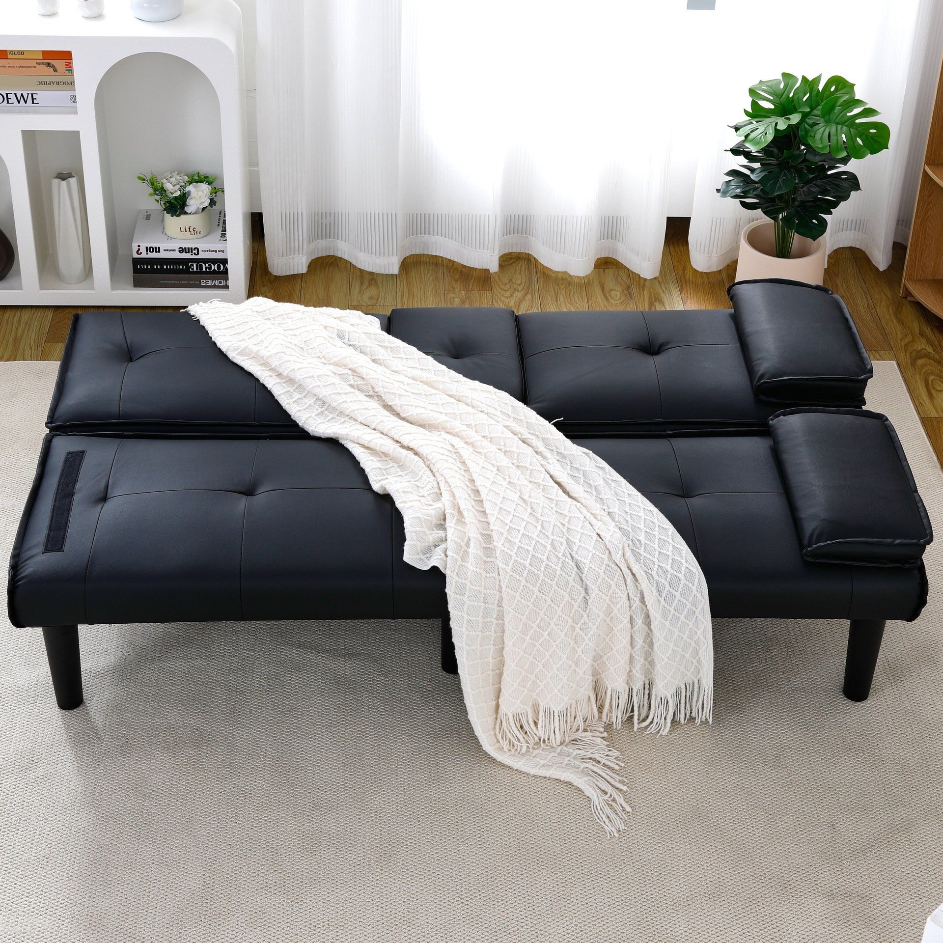 67 Inch Black PVC Foldable Sofa Bed with Cup Holder for Living Room Guest Room Dorm Office