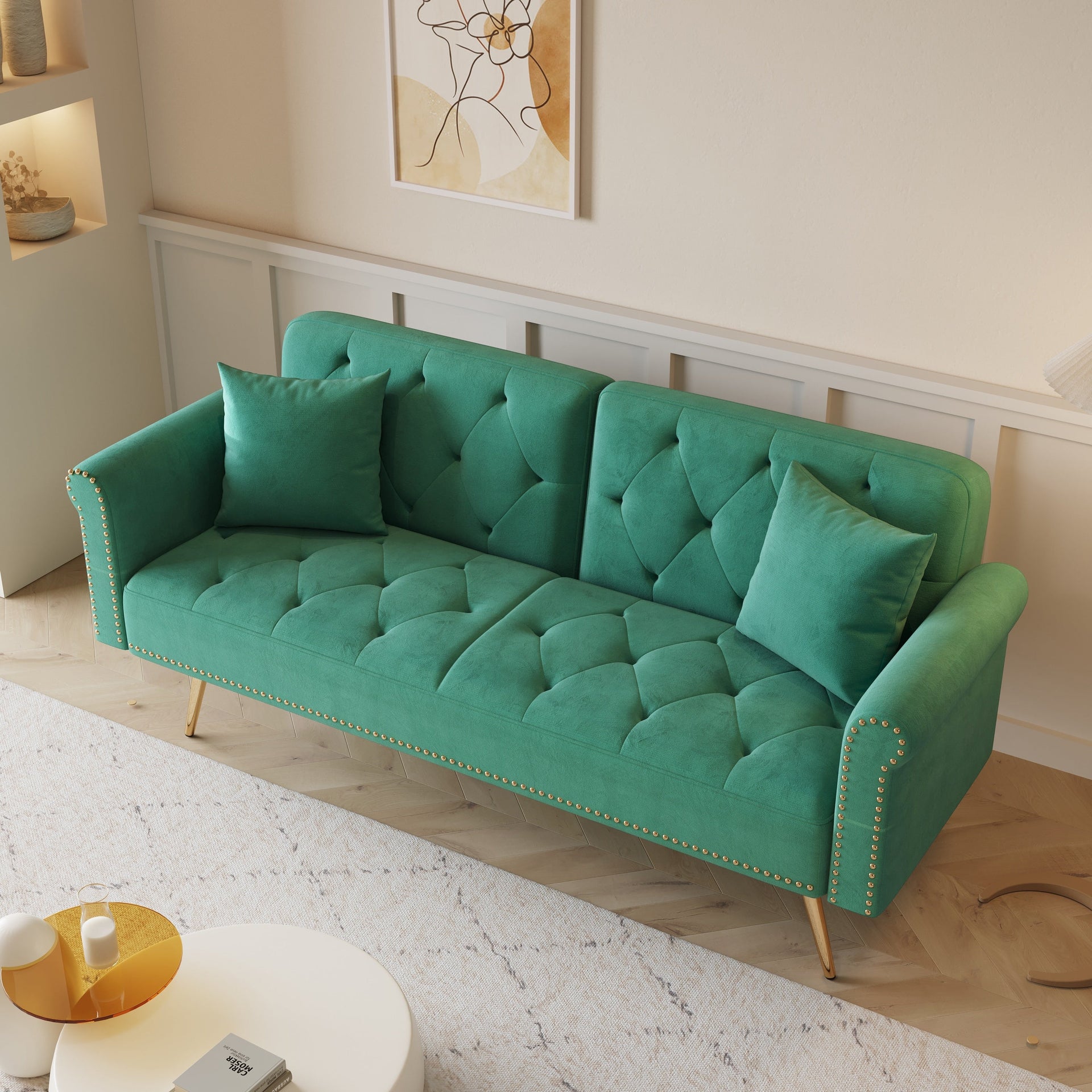 Velvet Nailhead Trim Sofa Bed with Throw Pillow