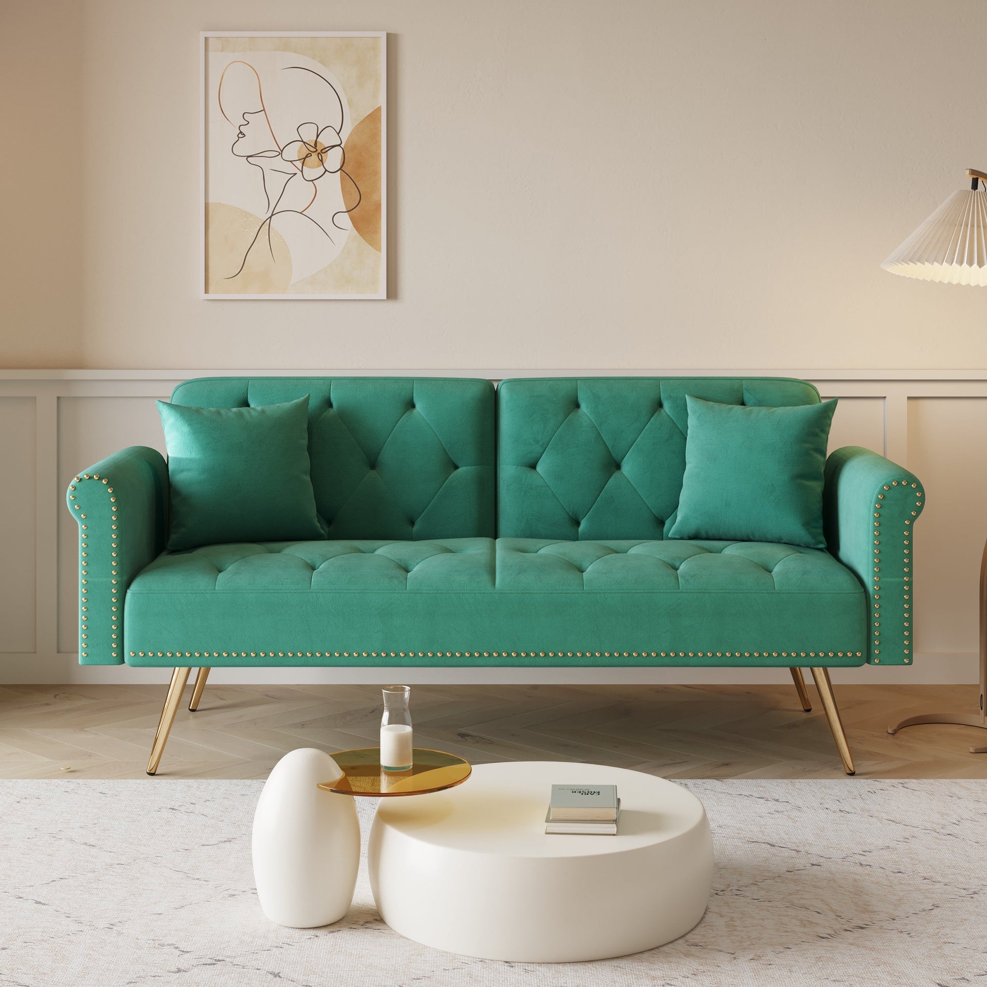 Velvet Nailhead Trim Sofa Bed with Throw Pillow