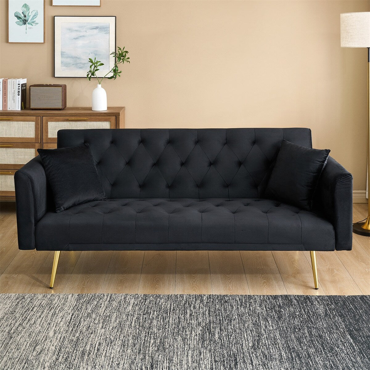 71-inch foldable double sofa, with American retro style, made of black velvet material