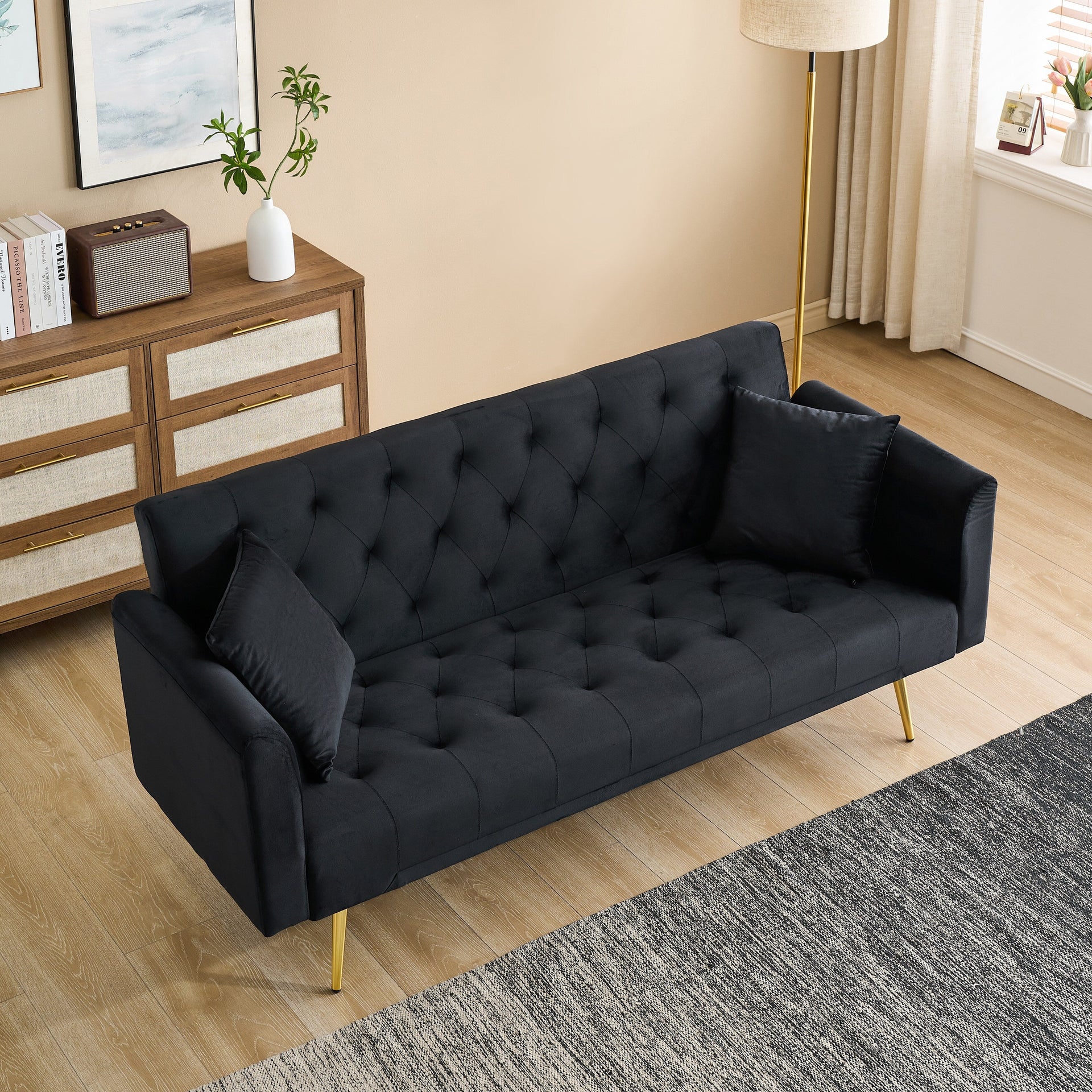 71-inch foldable double sofa, with American retro style, made of black velvet material