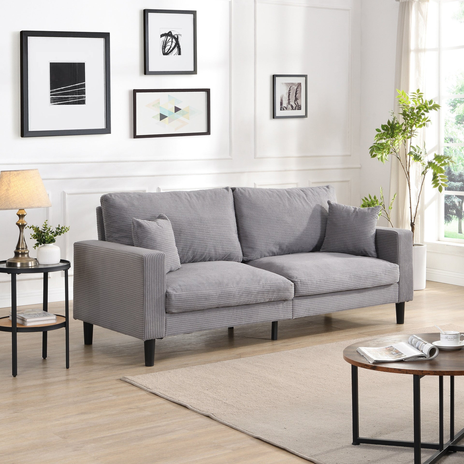 74 inch High Resilience 3 Seater Sofa Wooden Frame Comfy Modern Upholstered Light Gray