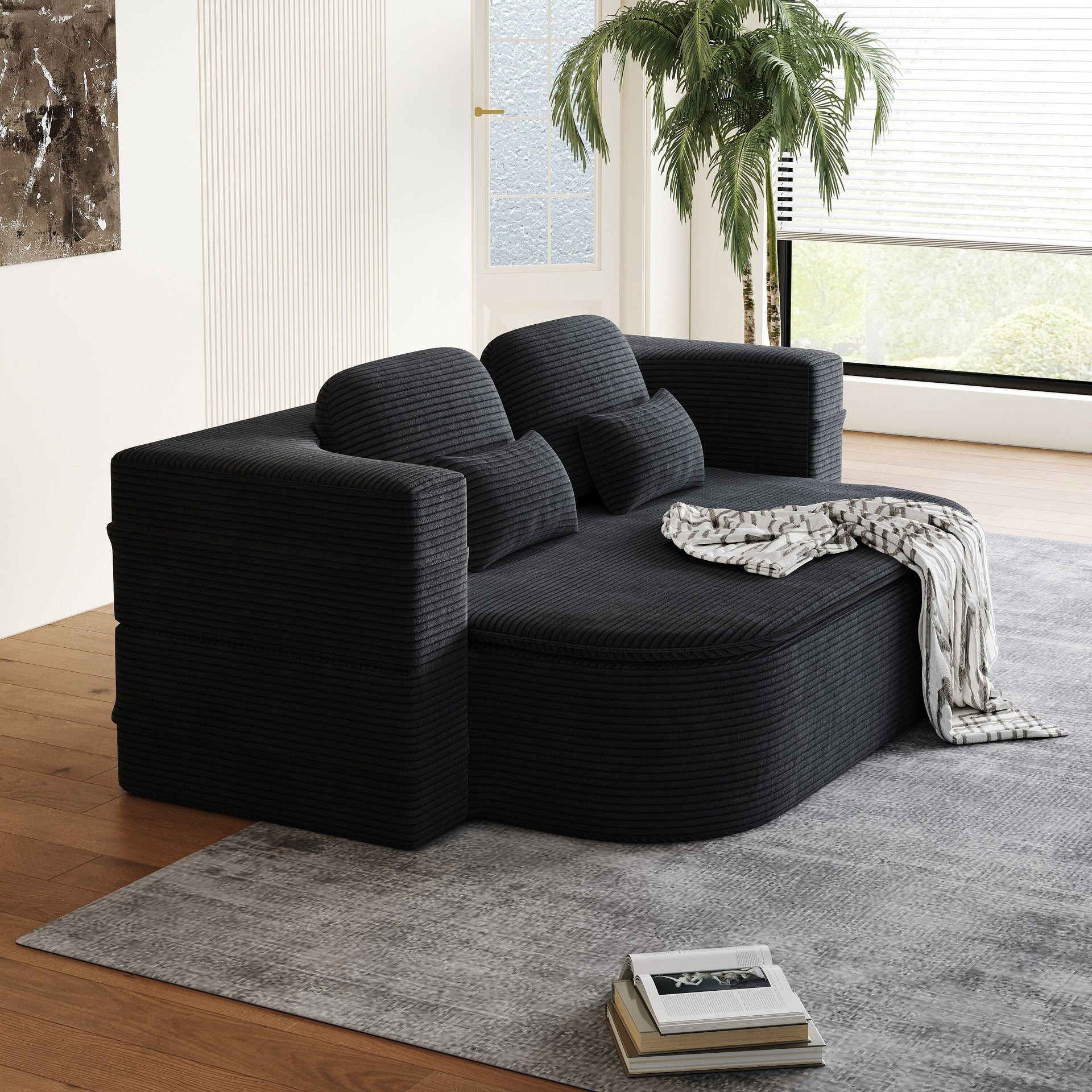 75 2-in-1 Foldable Corduroy Sofa Bed with Blanket for Living Room