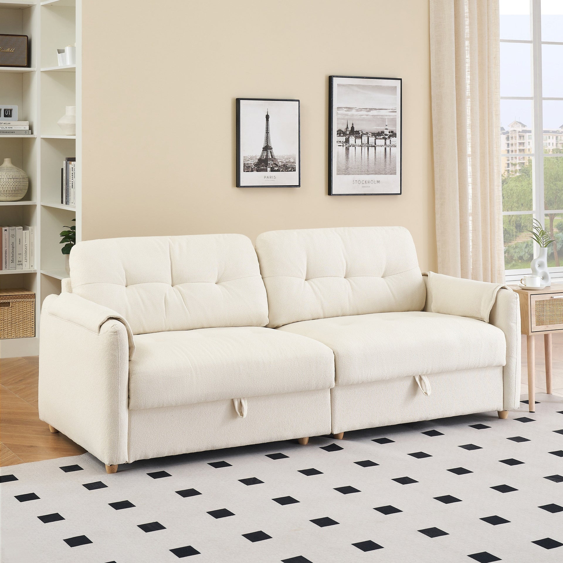 79.50 inches long, Teddy Cotton Linen Sofa Fabric, with metal conical long legs, metal strip matching, stylish and simple-Beige