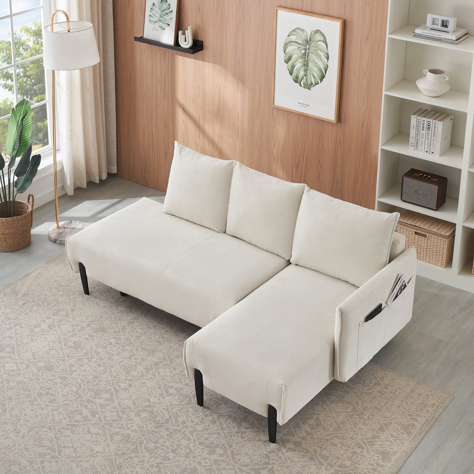 79.5 Beige Corduroy Sofa with 3 Pillows for Apartment Office