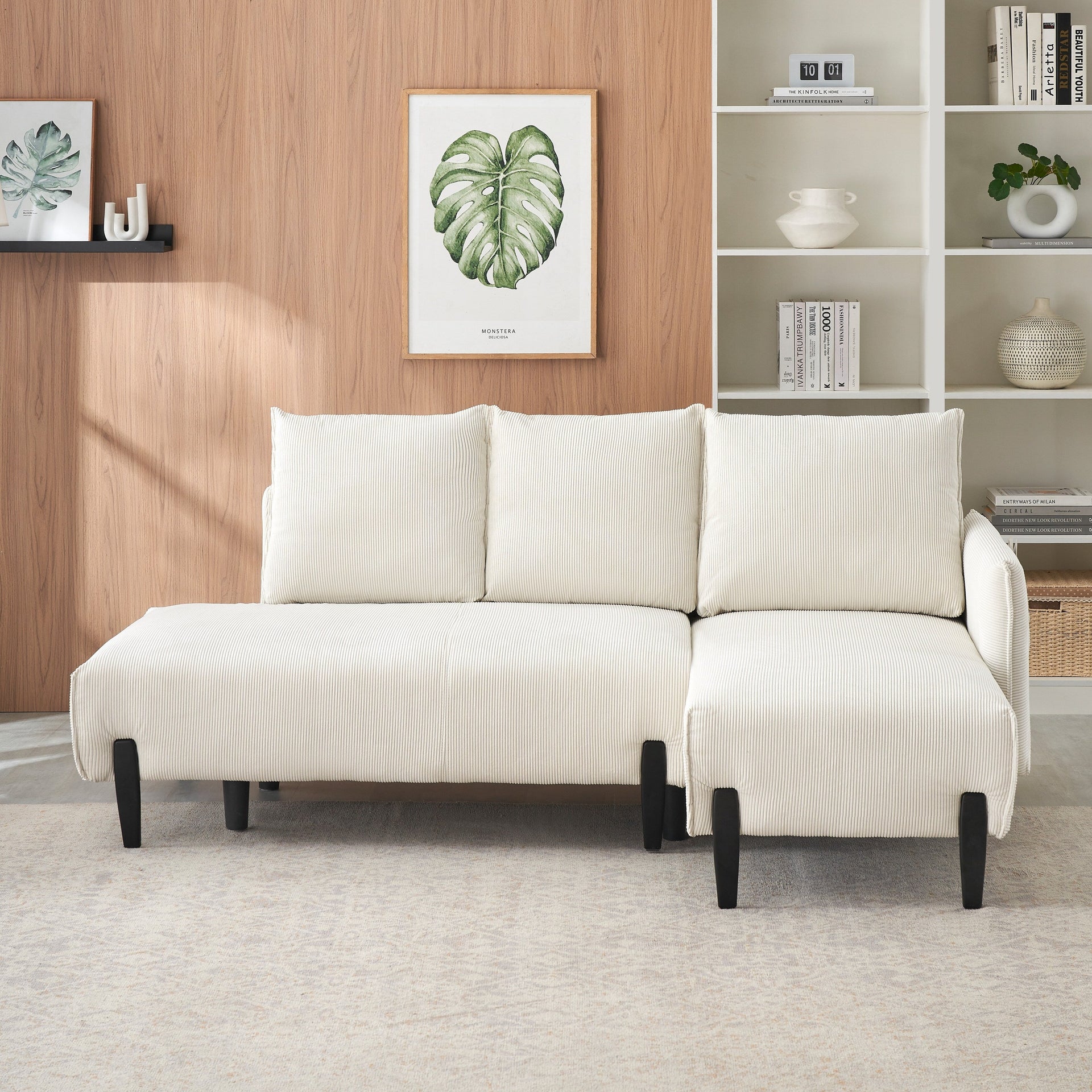79.5 Beige Corduroy Sofa with 3 Pillows for Apartment Office