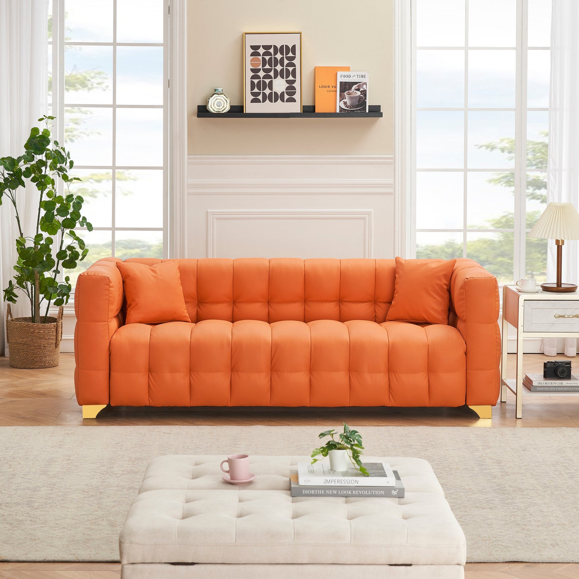 80 Orange 3-Seat Tech Fabric Sofa Waterproof Stain-Proof Anti-Cat Paw